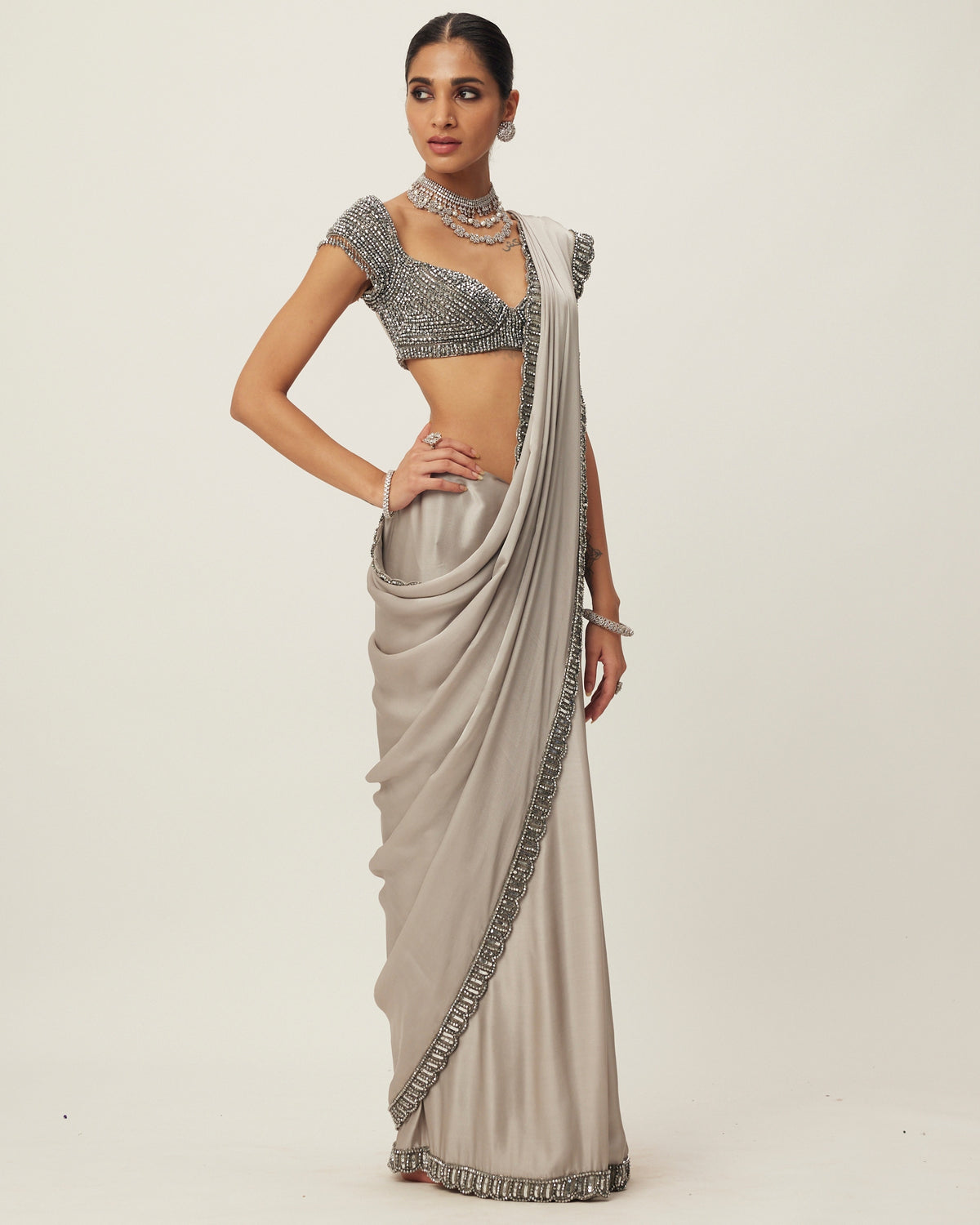 Crystal Grey Satin Sari Set