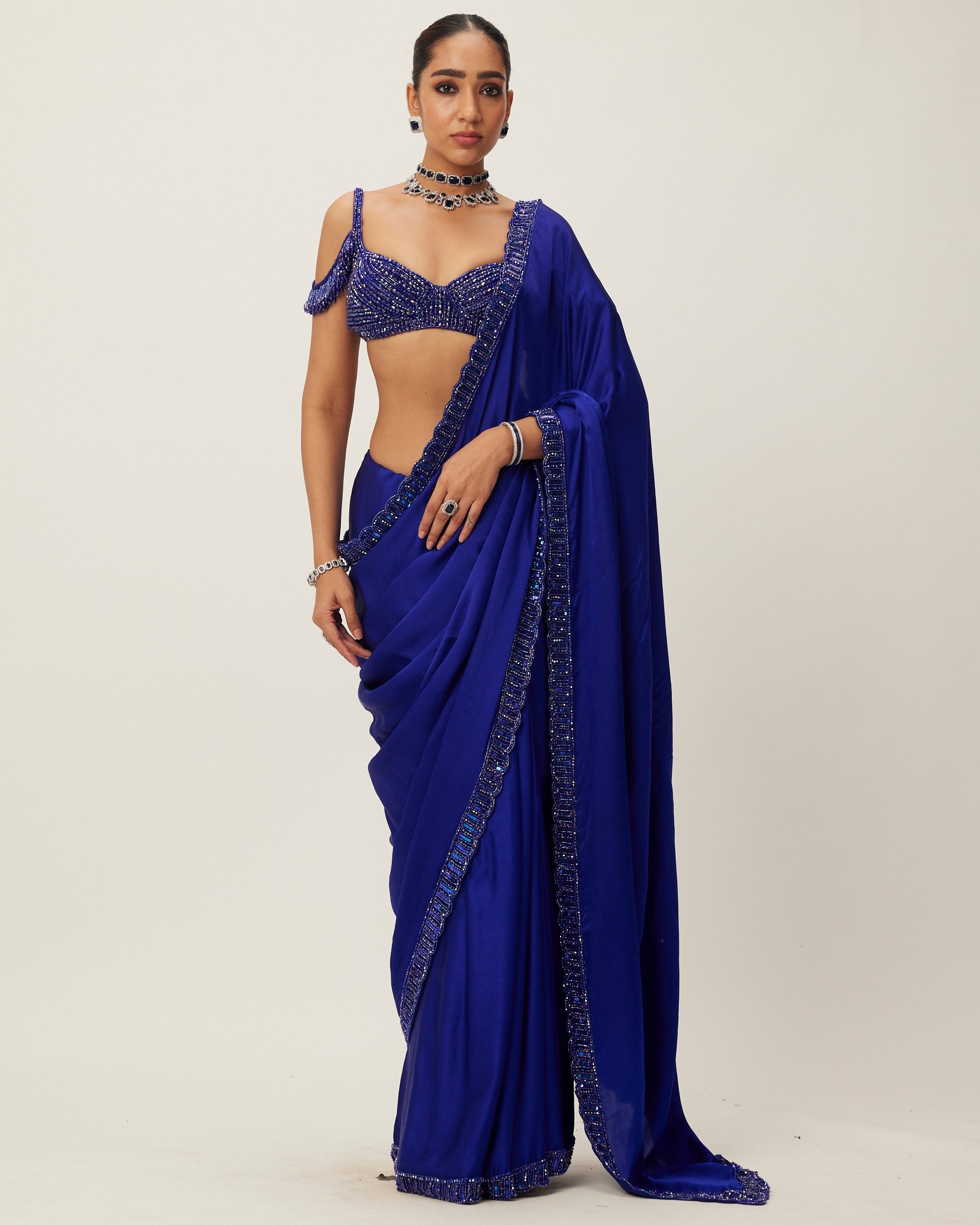 Cocktail Blue Satin Sari Set