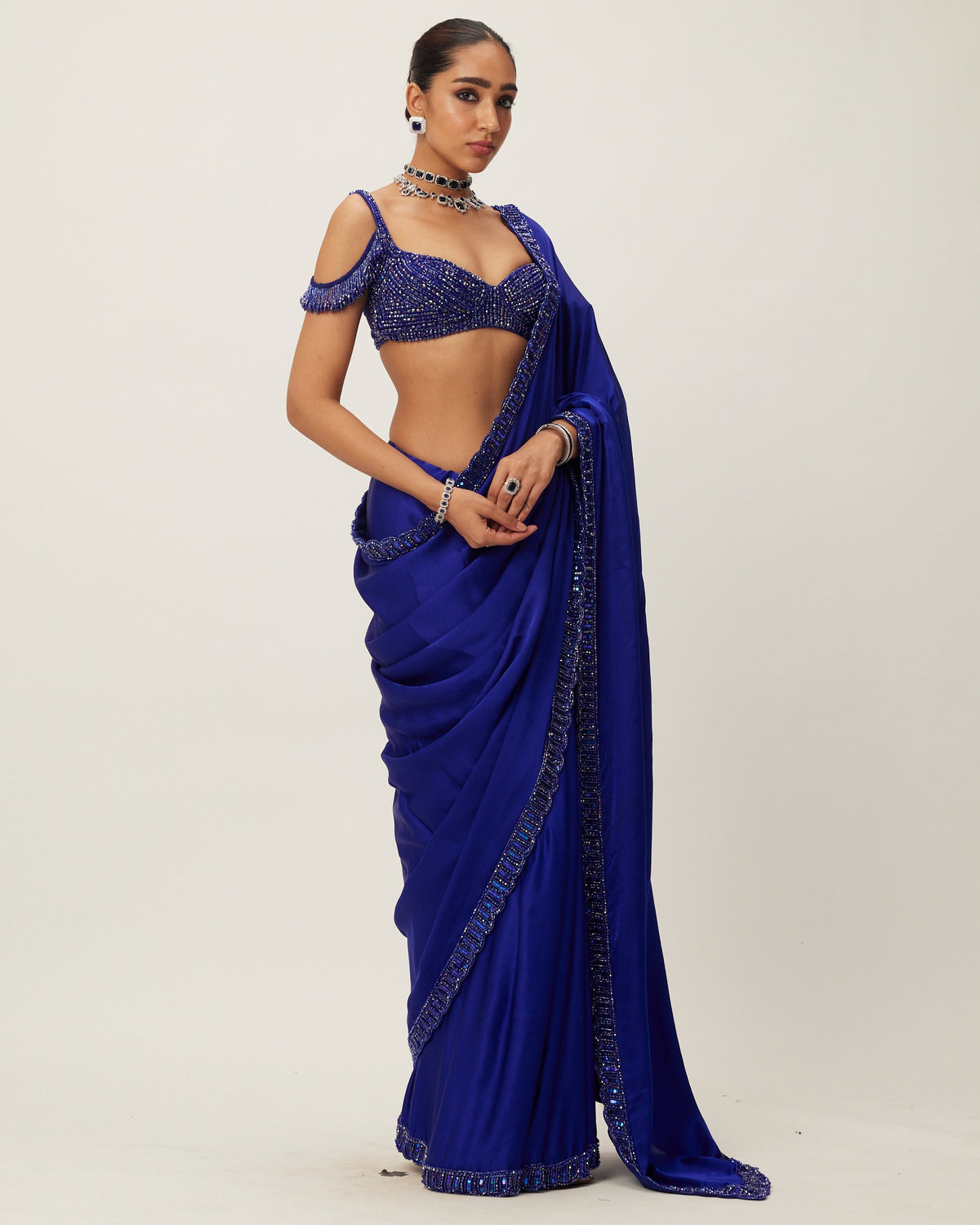 Cocktail Blue Satin Sari Set