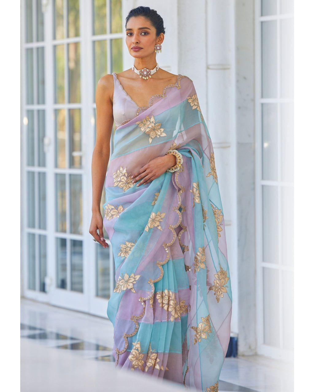 Ash Pink Flower Sari Set