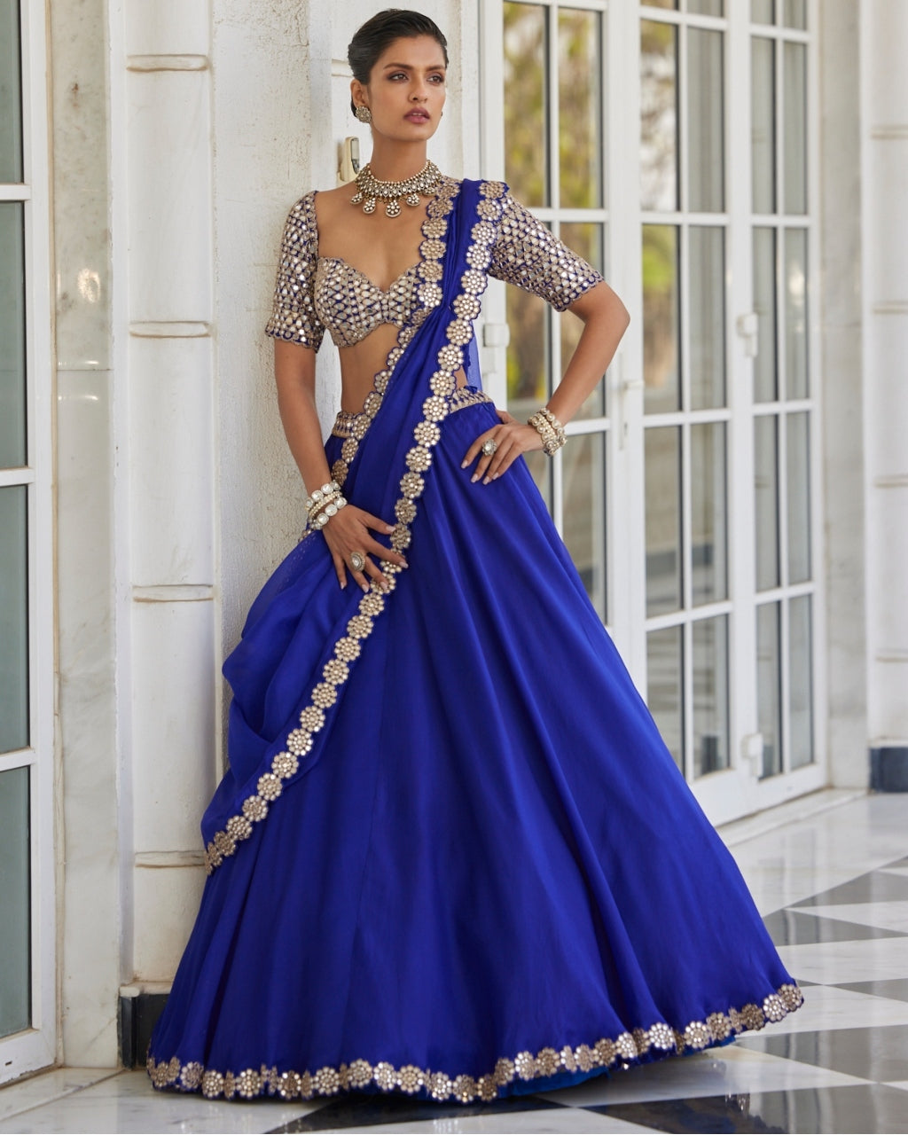 Persian Blue Linear Mirror Embroidered Lehenga Set