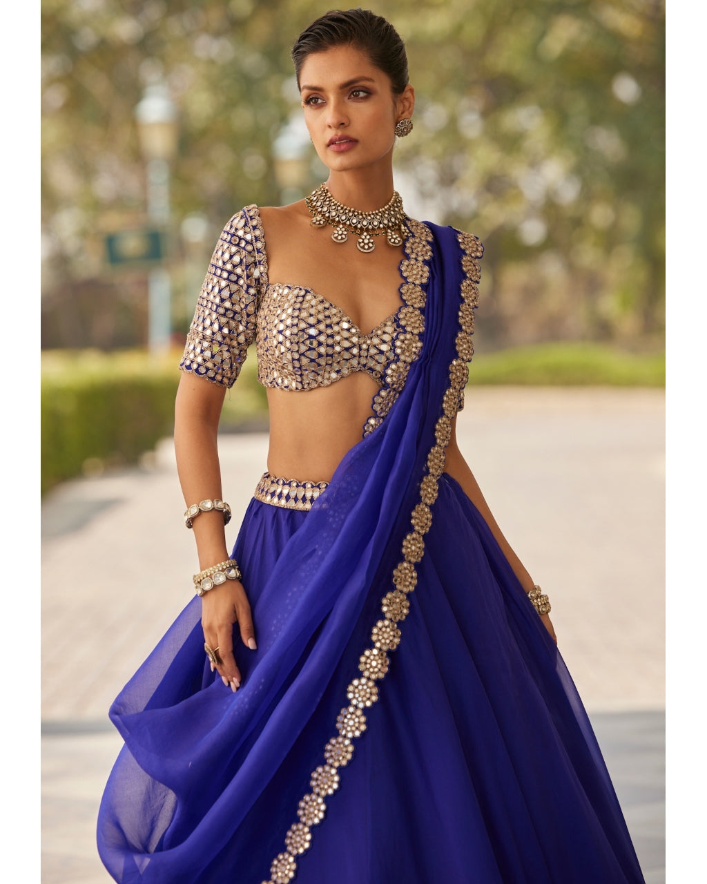 Persian Blue Linear Mirror Embroidered Lehenga Set