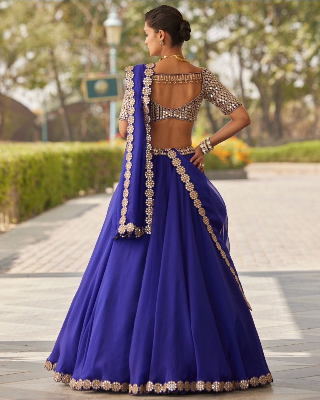 Persian Blue Linear Mirror Embroidered Lehenga Set