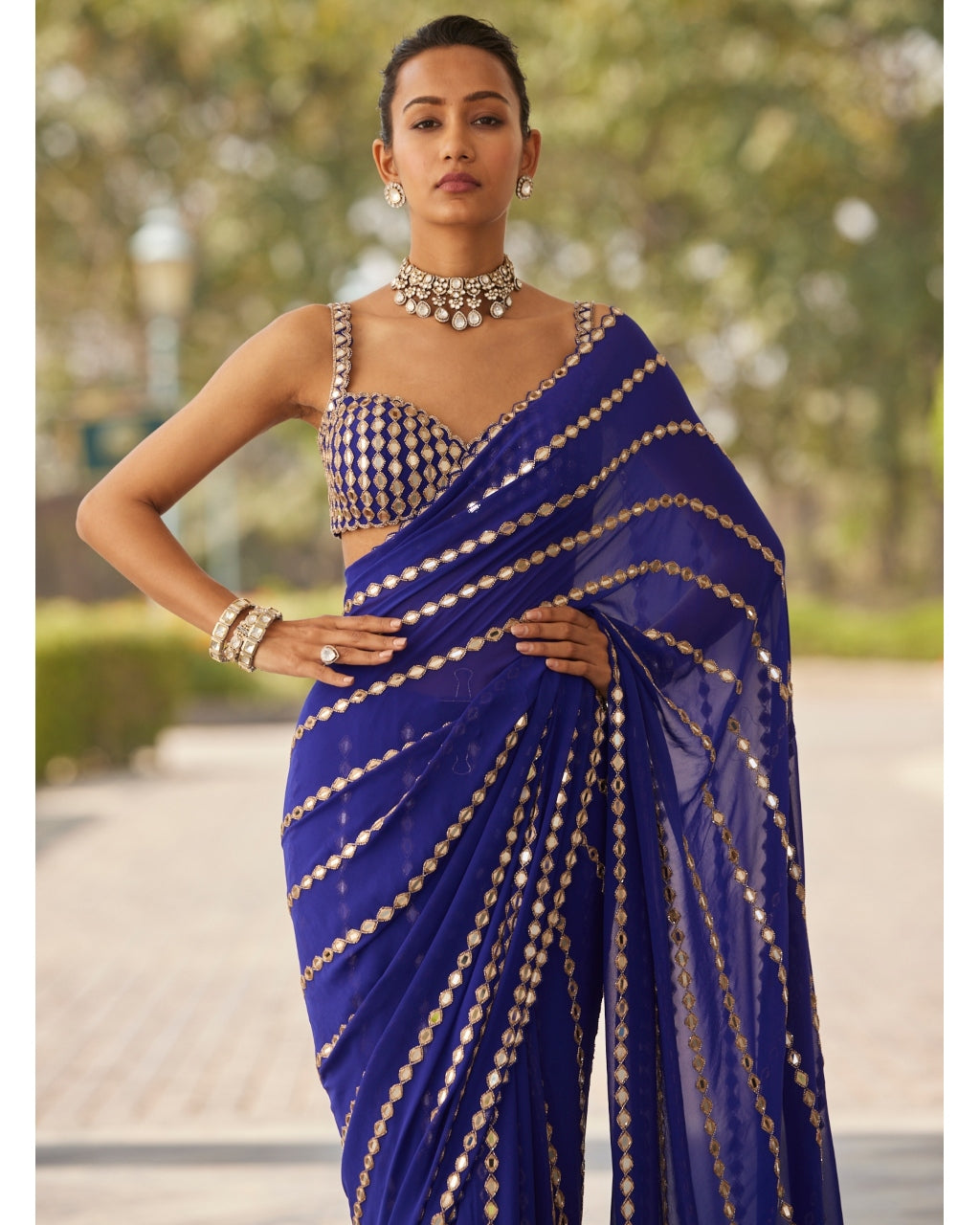 Persian Blue Linear Embroidery Georgette Sari Set