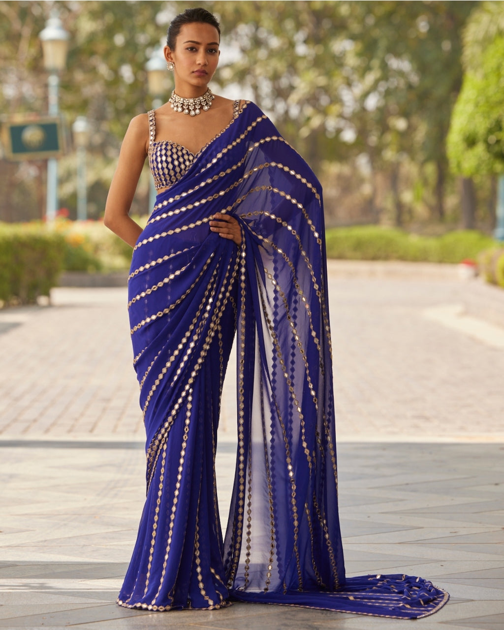 Persian Blue Linear Embroidery Georgette Sari Set