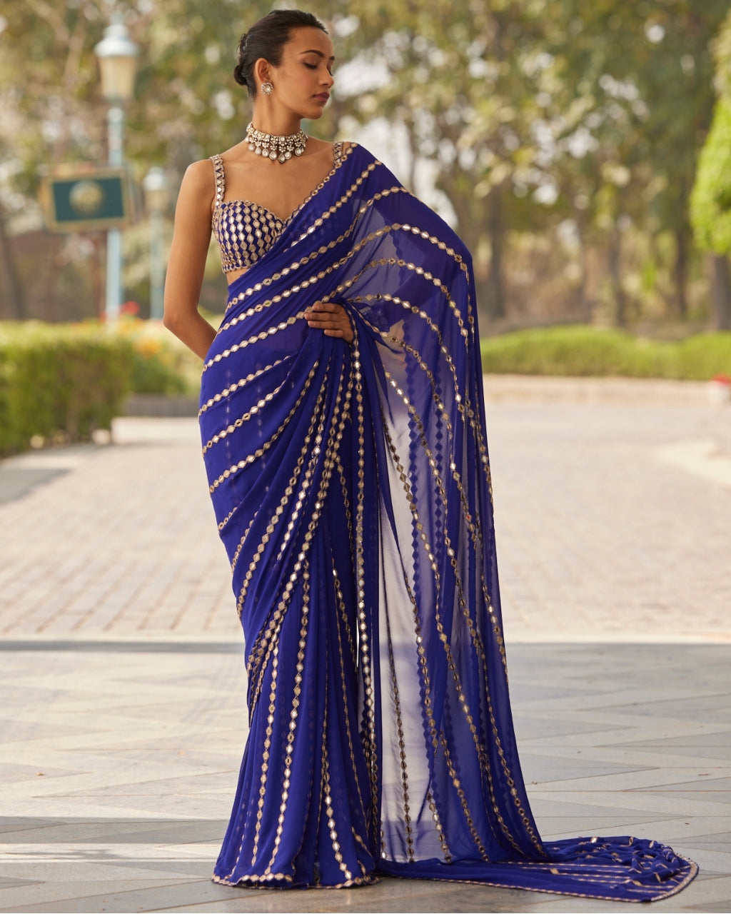 Persian Blue Linear Embroidery Georgette Sari Set