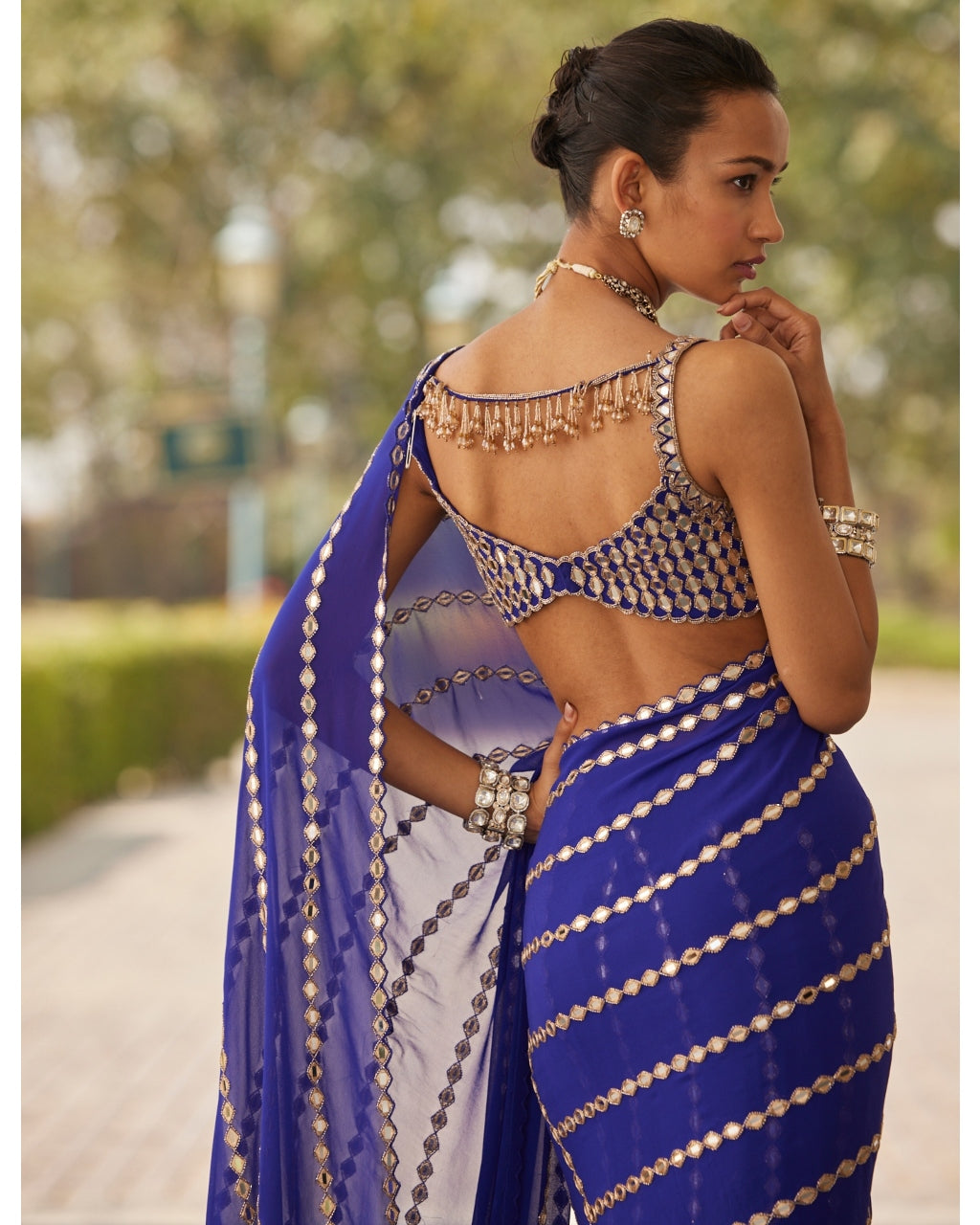 Persian Blue Linear Embroidery Georgette Sari Set