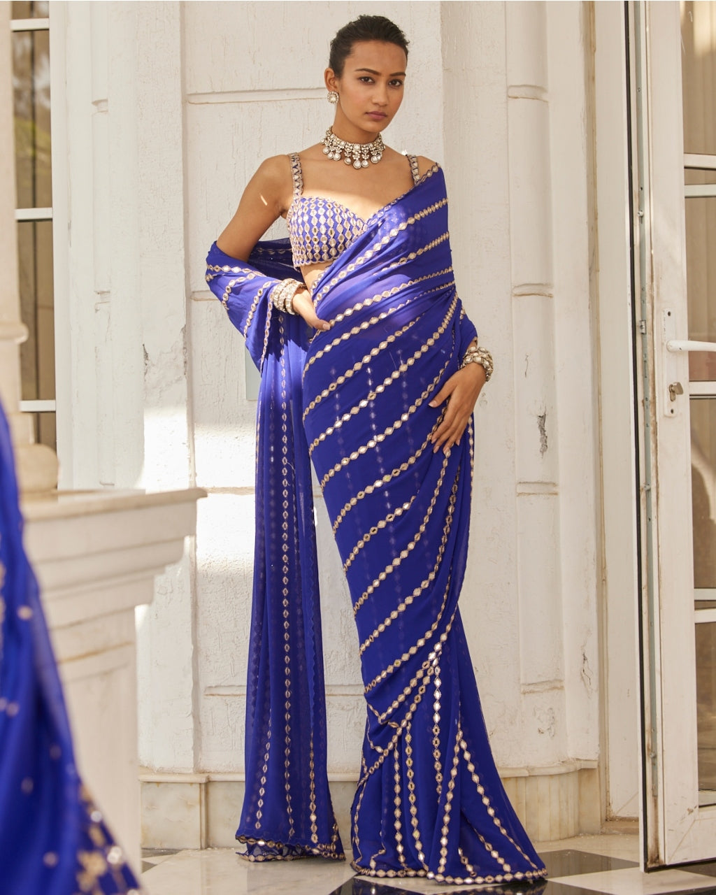 Persian Blue Linear Embroidery Georgette Sari Set