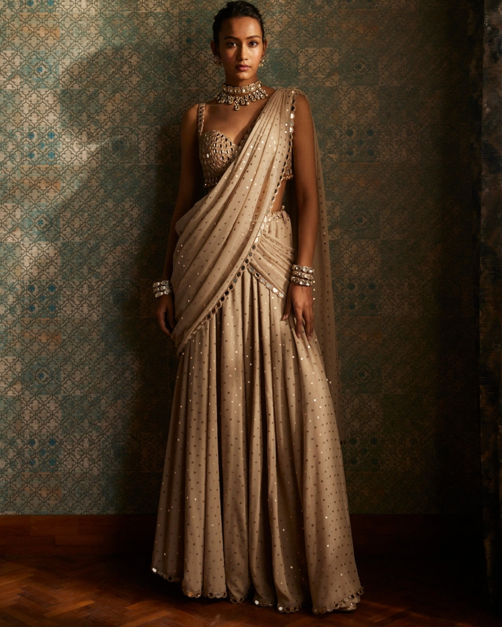 Light Beige Georgette Pre Draped Sari Set