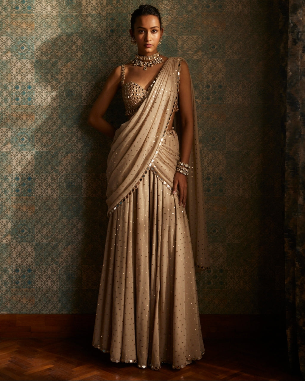 Light Beige Georgette Pre Draped Sari Set