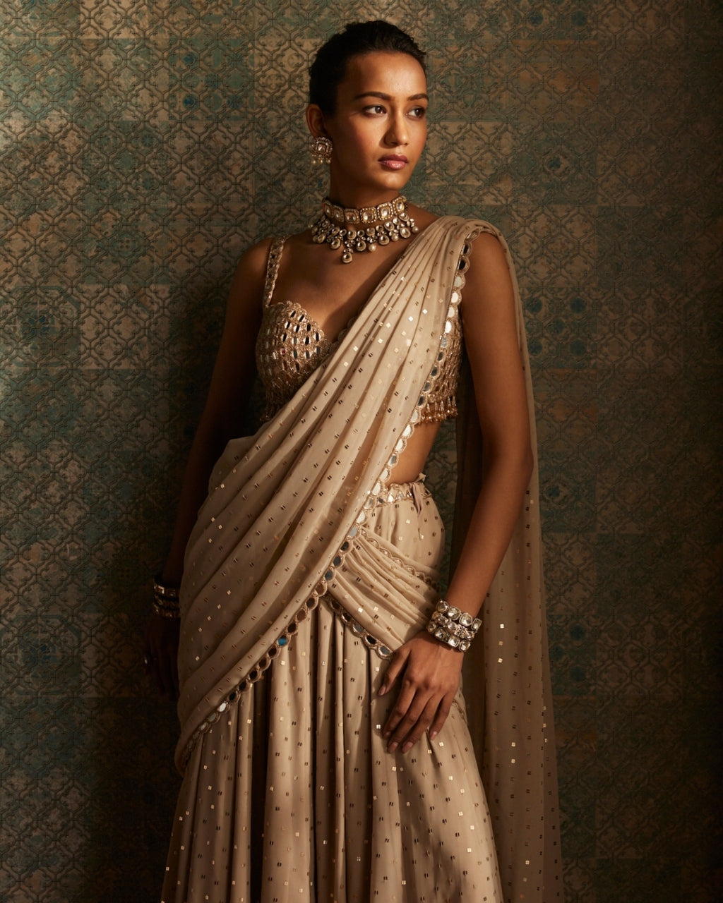 Light Beige Georgette Pre Draped Sari Set