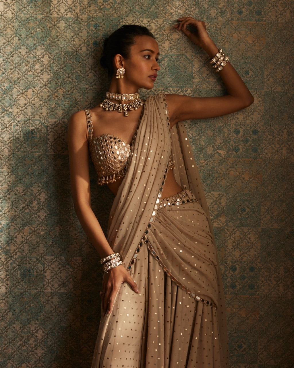 Light Beige Georgette Pre Draped Sari Set