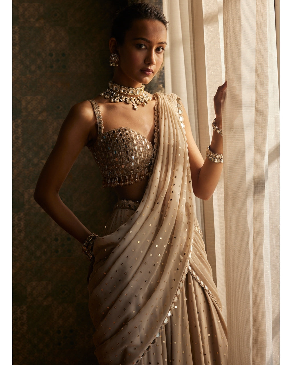 Light Beige Georgette Pre Draped Sari Set