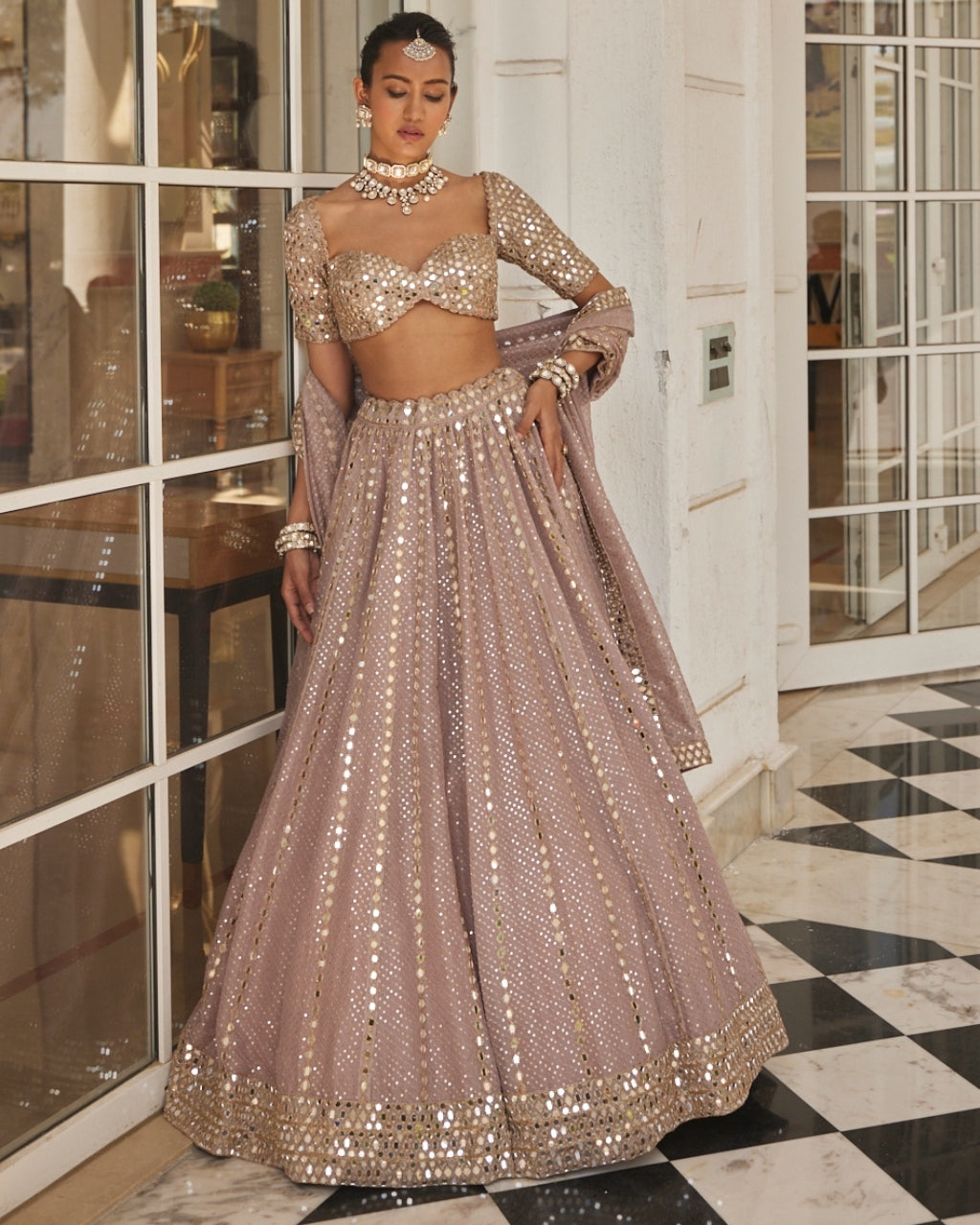 Ash Pink Sequin And Mirror Embroidered Lehenga Set