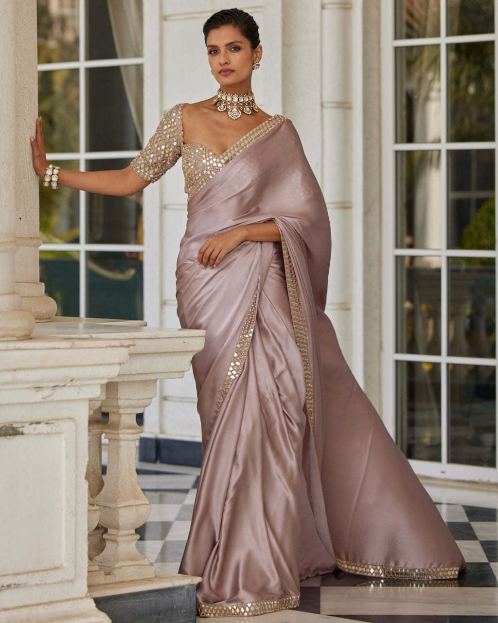 Ash Pink Satin Sari Set