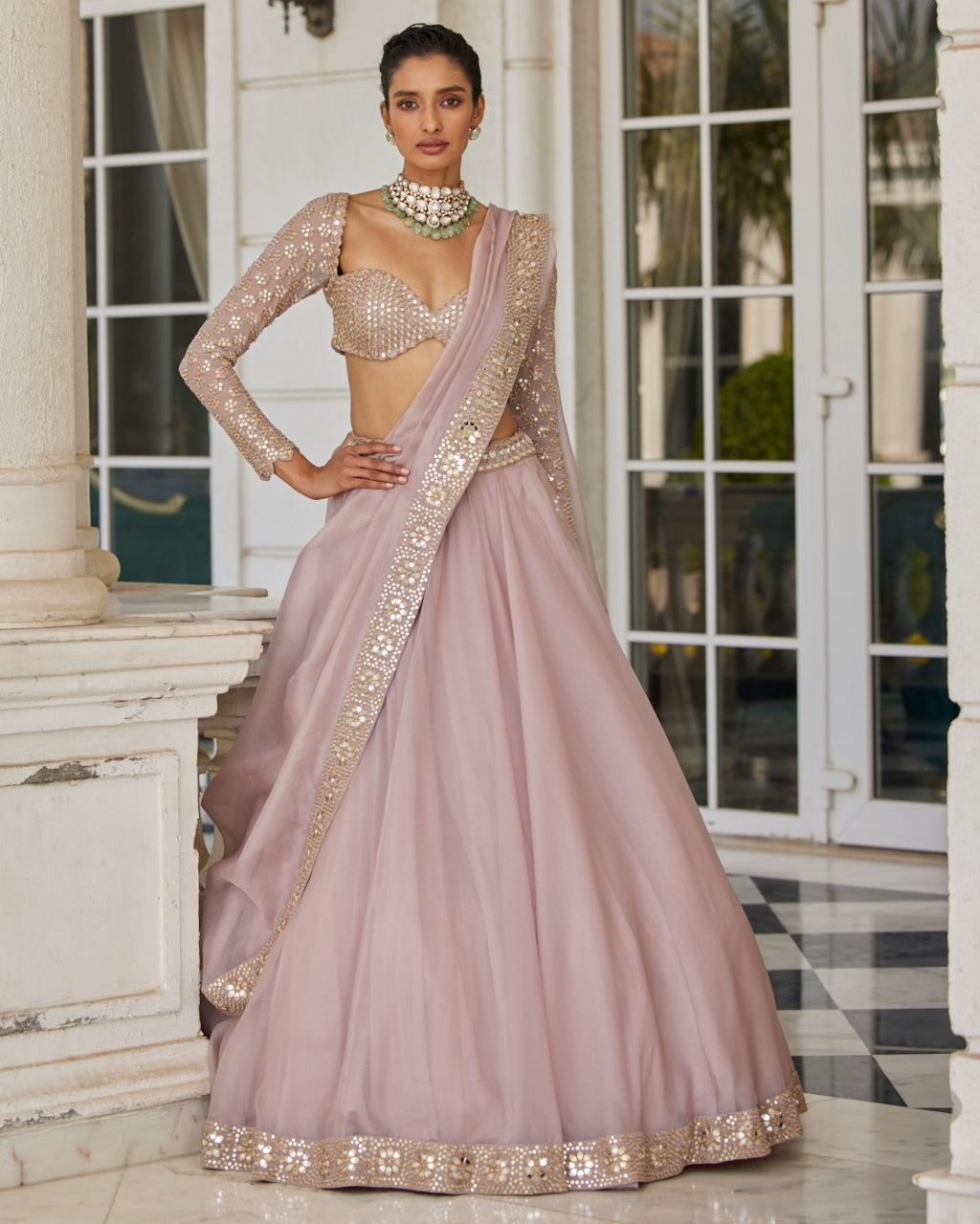 Ash Pink Mirror Hand Embroidered Lehenga Set