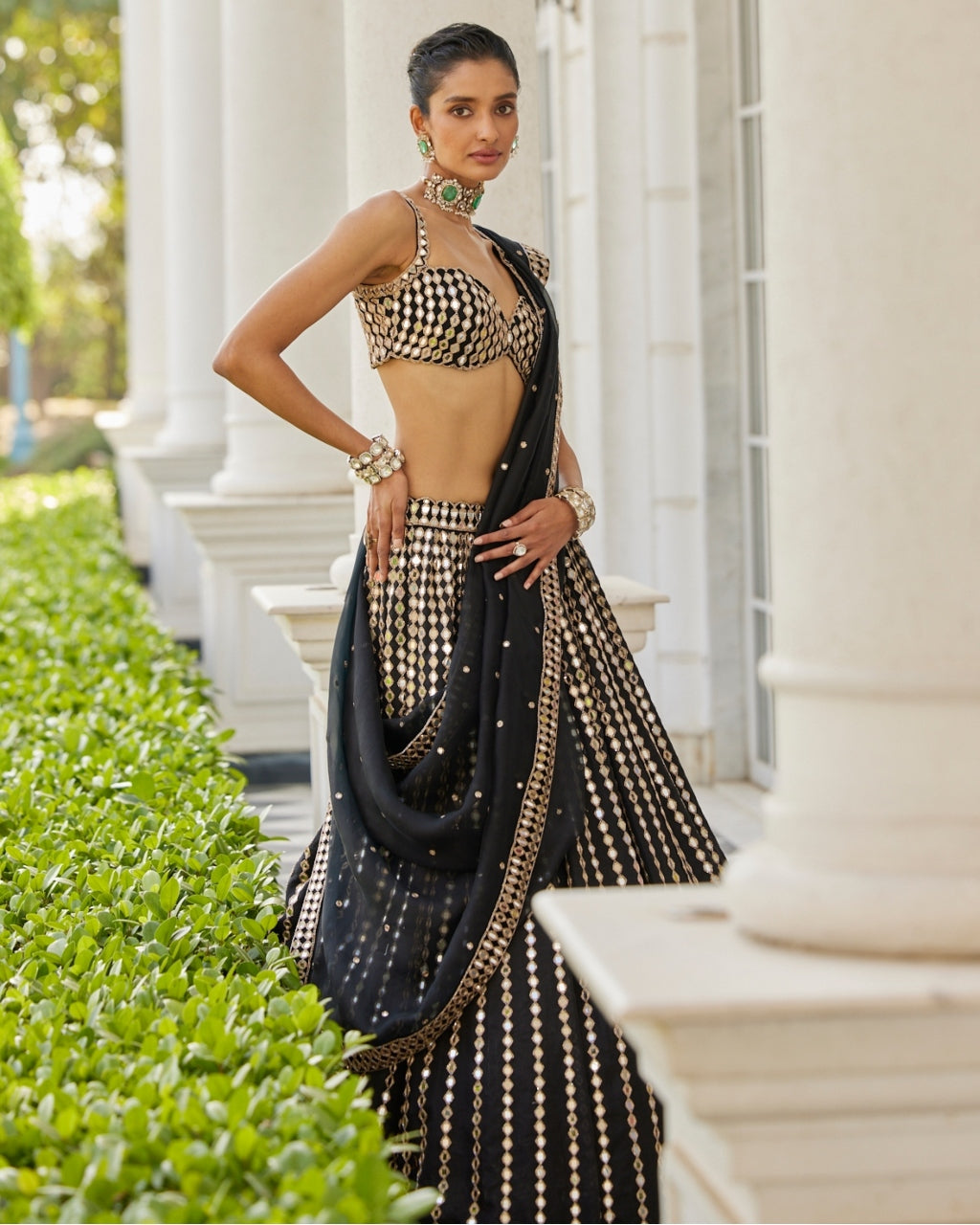 Black Linear Mirror Embroidered Lehenga Set