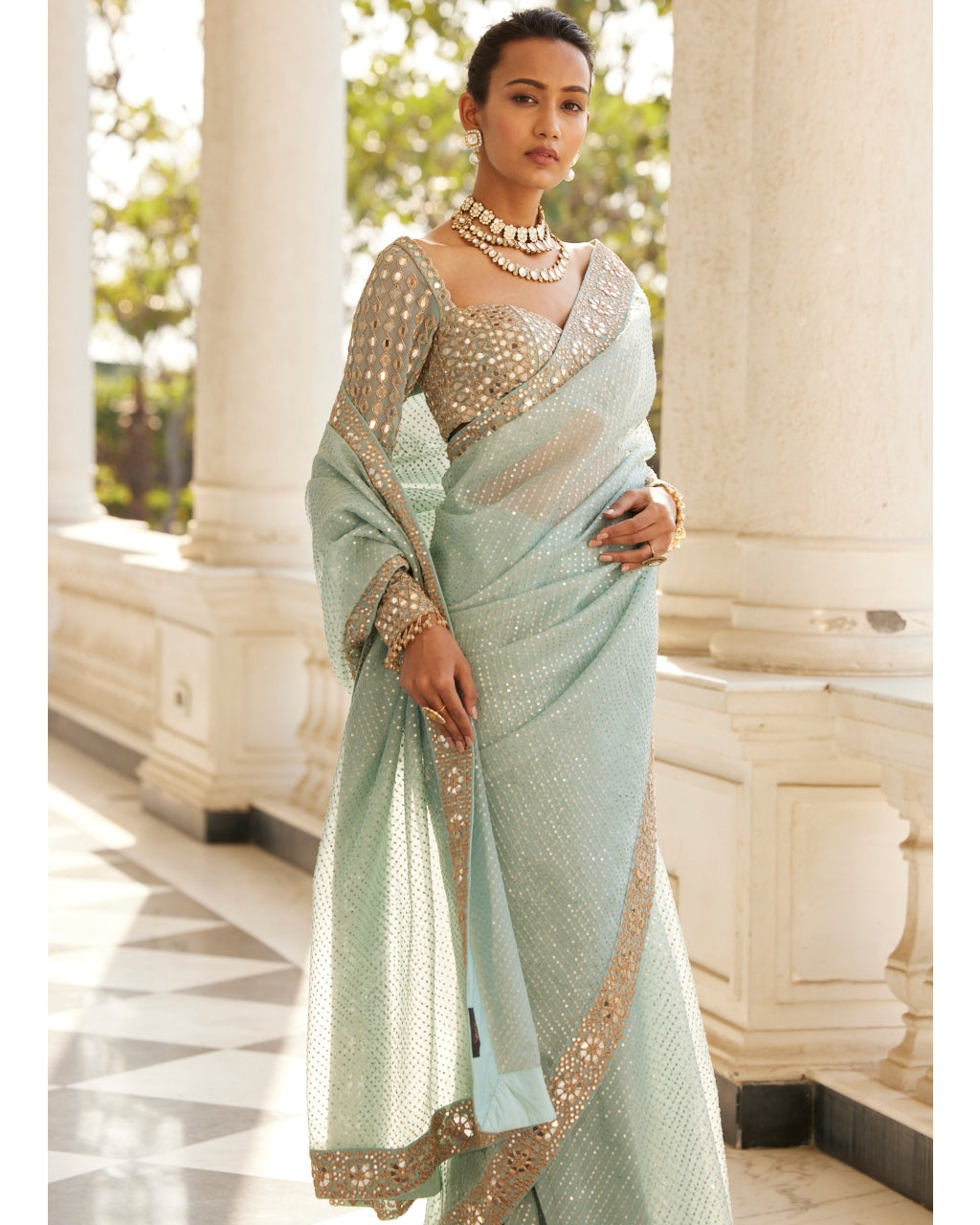 Powder Blue Organza Sari Set