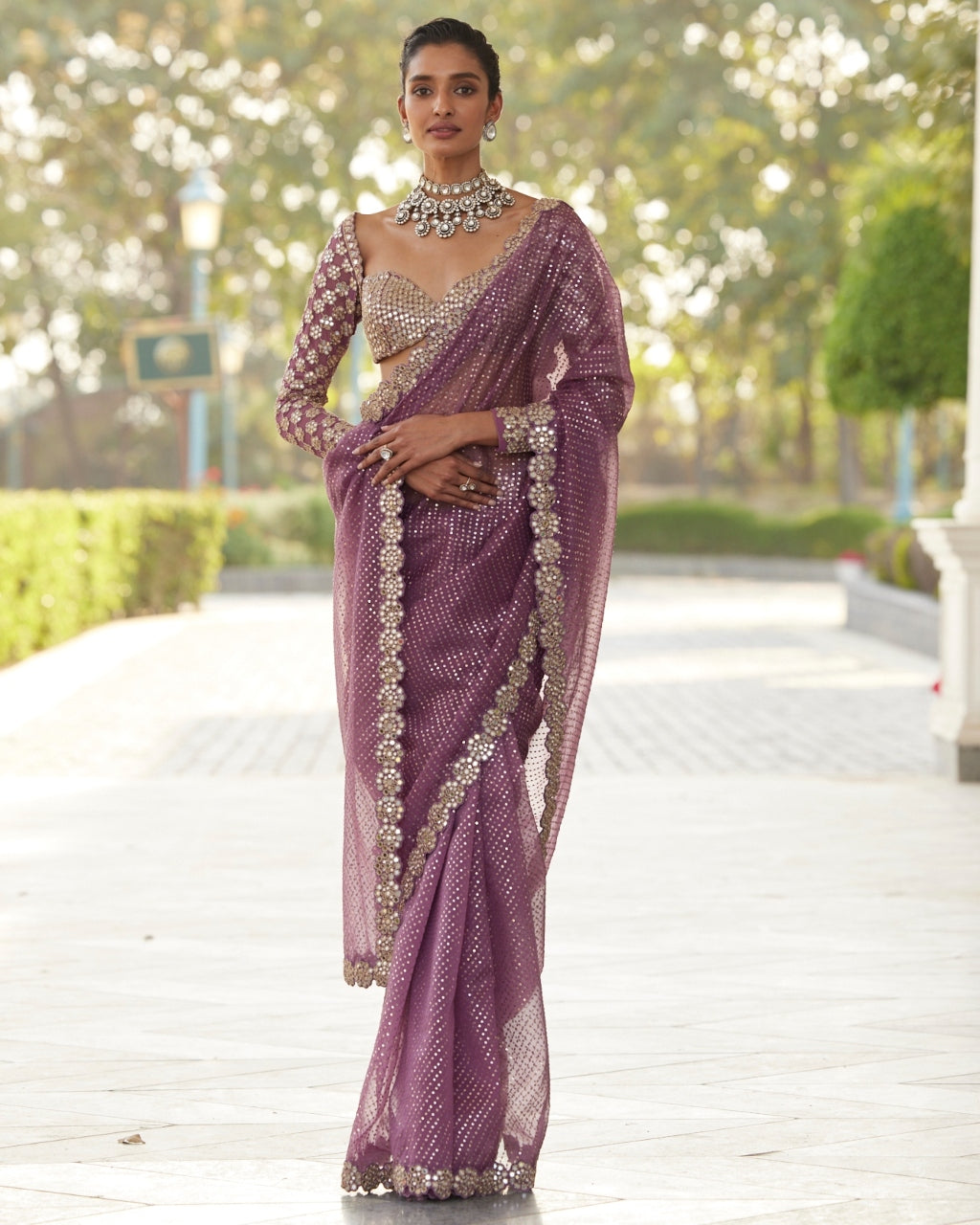 Mud Mauve Hand Embroidered Organza Sari Set