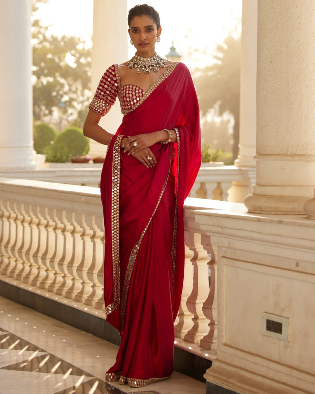 Crimson Red Satin Sari Set