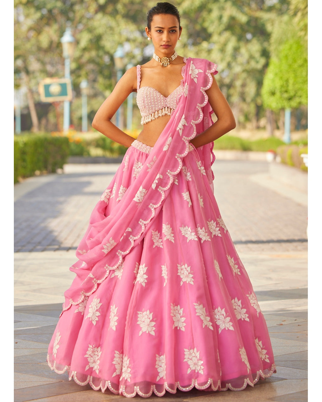 Pink Applique Flower Lehenga Set