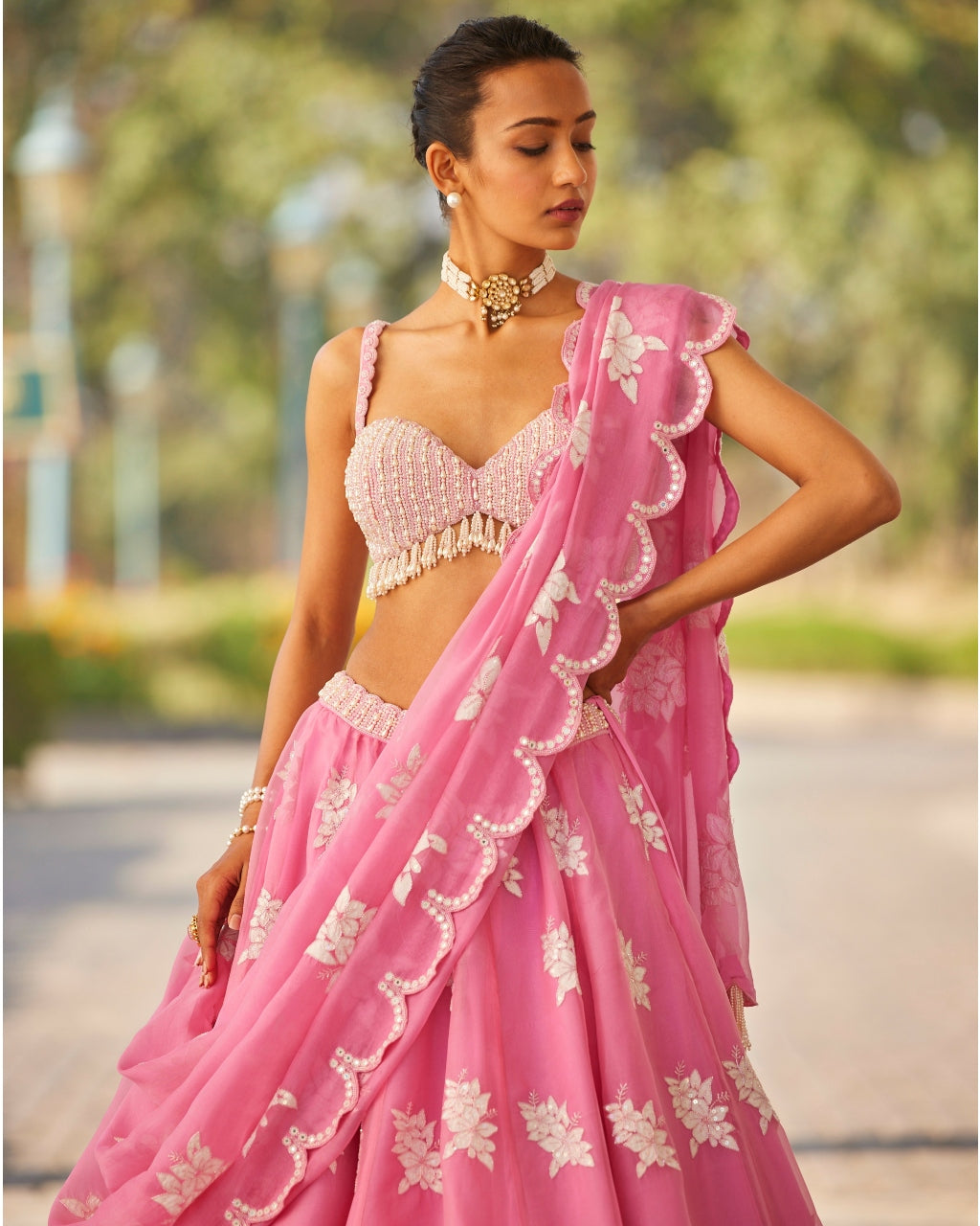 Pink Applique Flower Lehenga Set