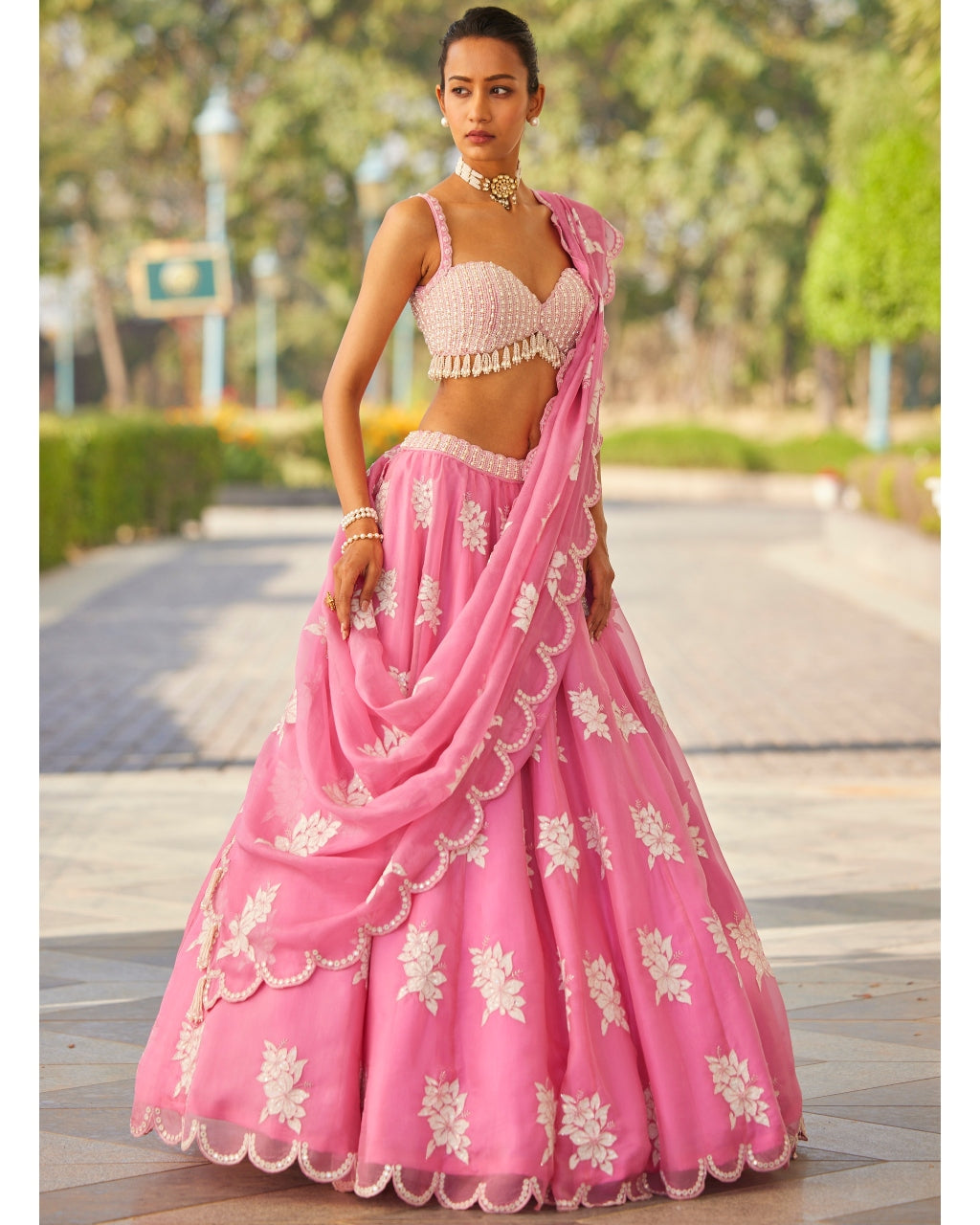 Pink Applique Flower Lehenga Set