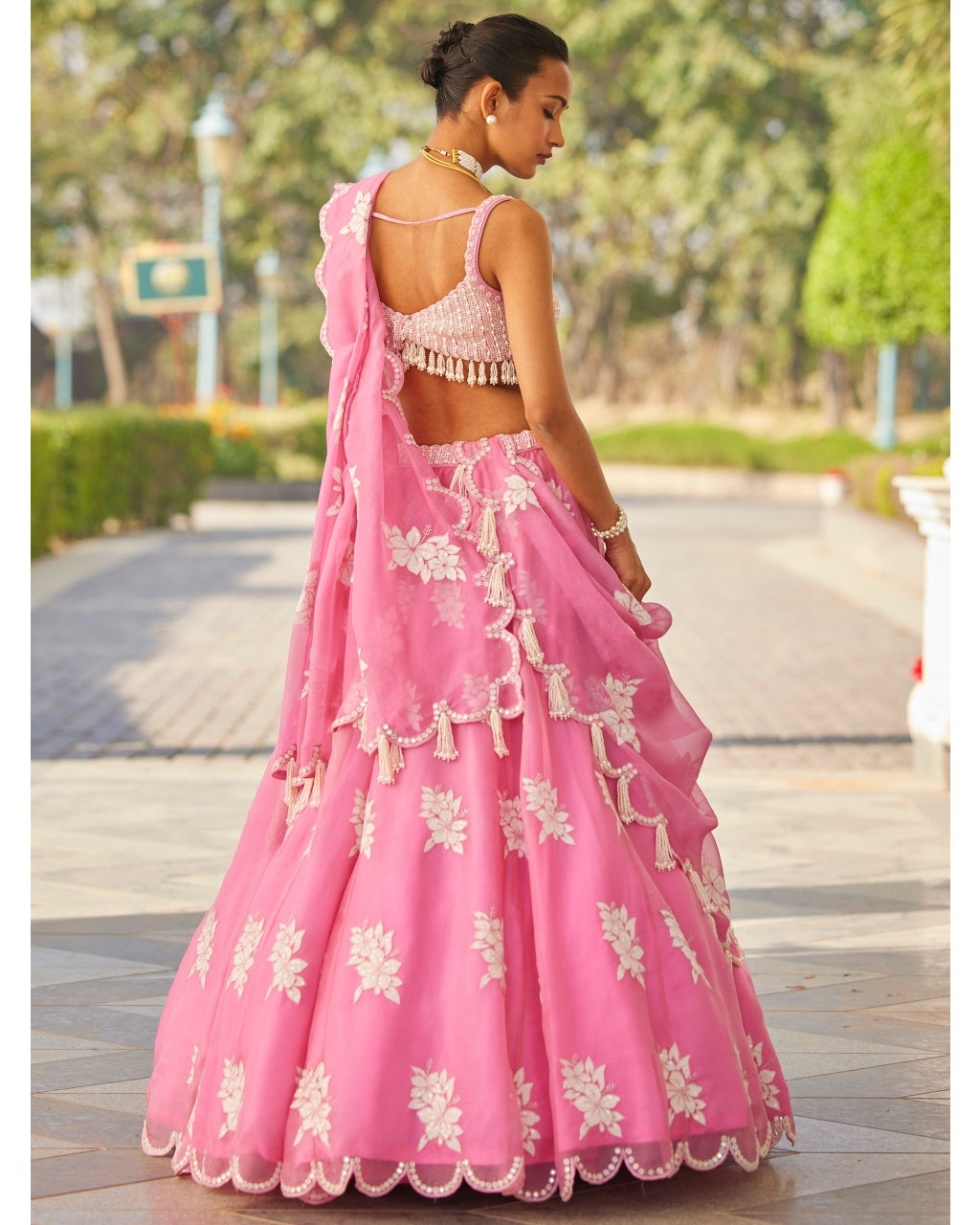 Pink Applique Flower Lehenga Set