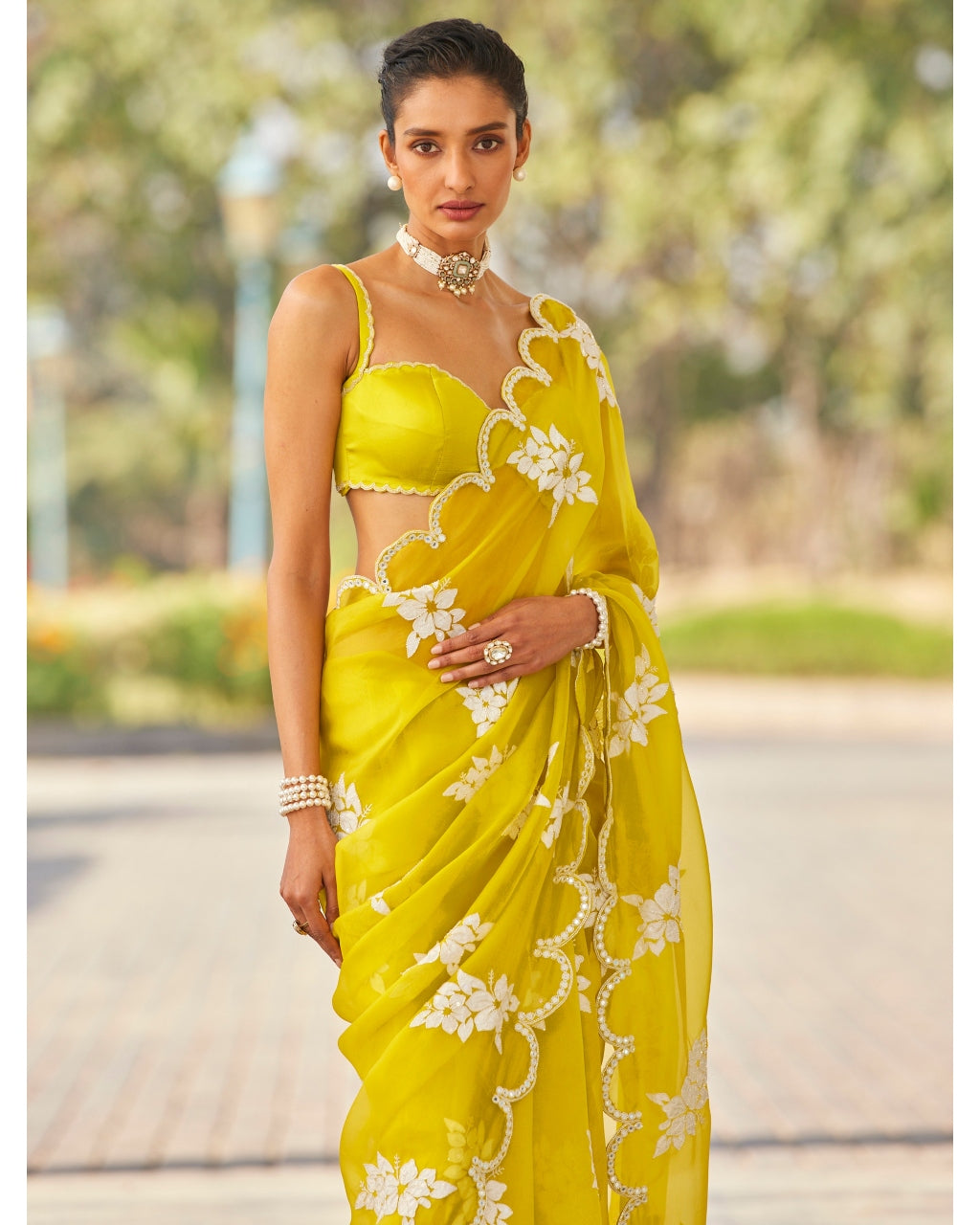 Moss Green Flower Sari Set