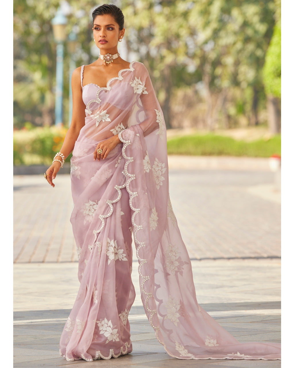 Powder Lilac Flower Sari Set