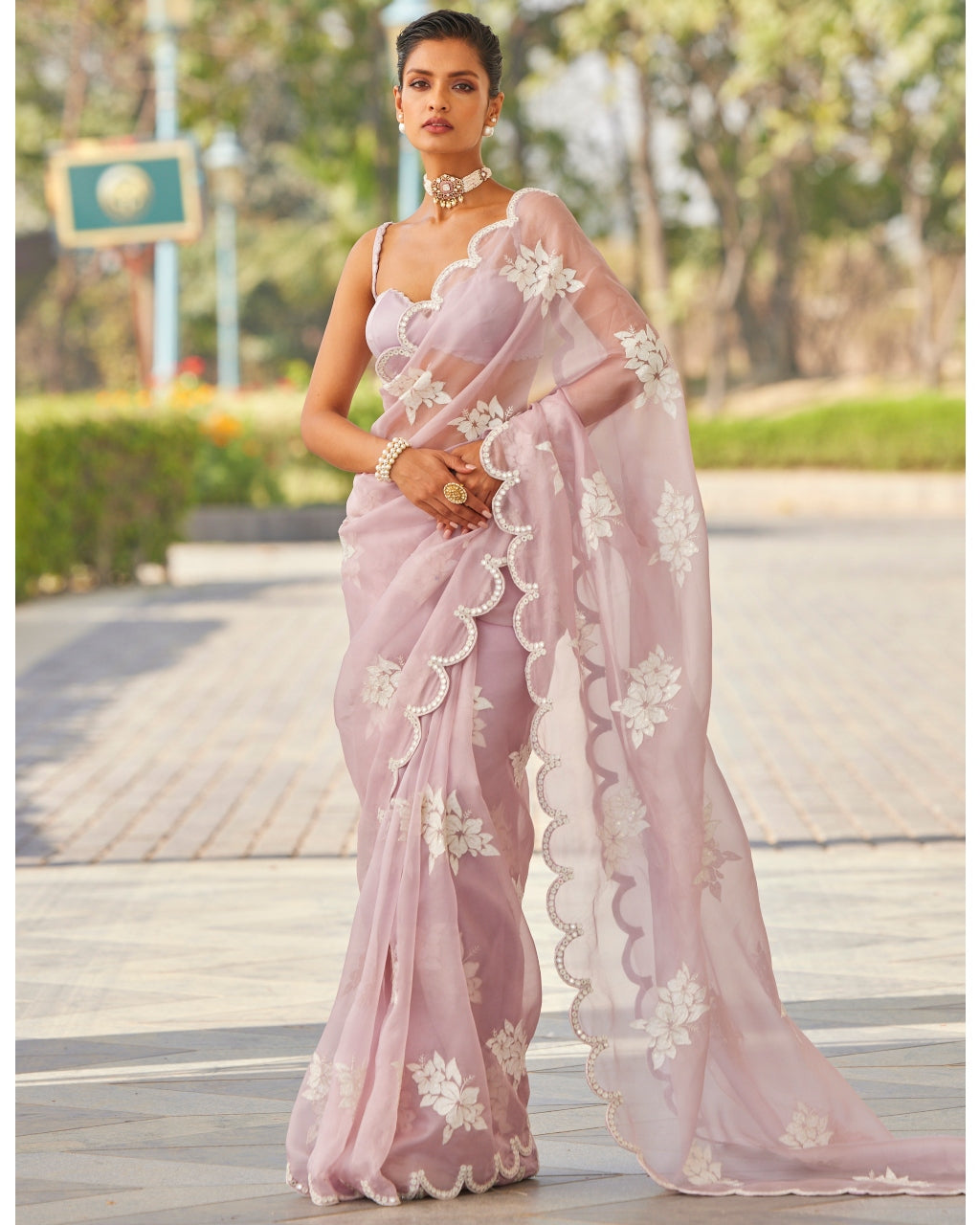 Powder Lilac Flower Sari Set