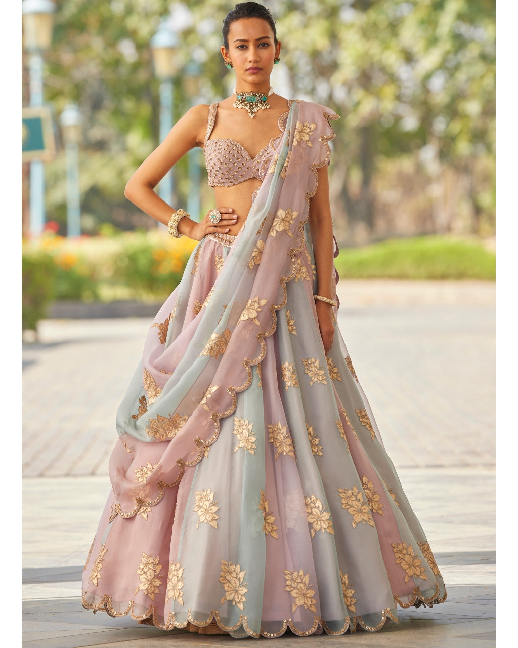 Ash Pink Flower Lehenga Set