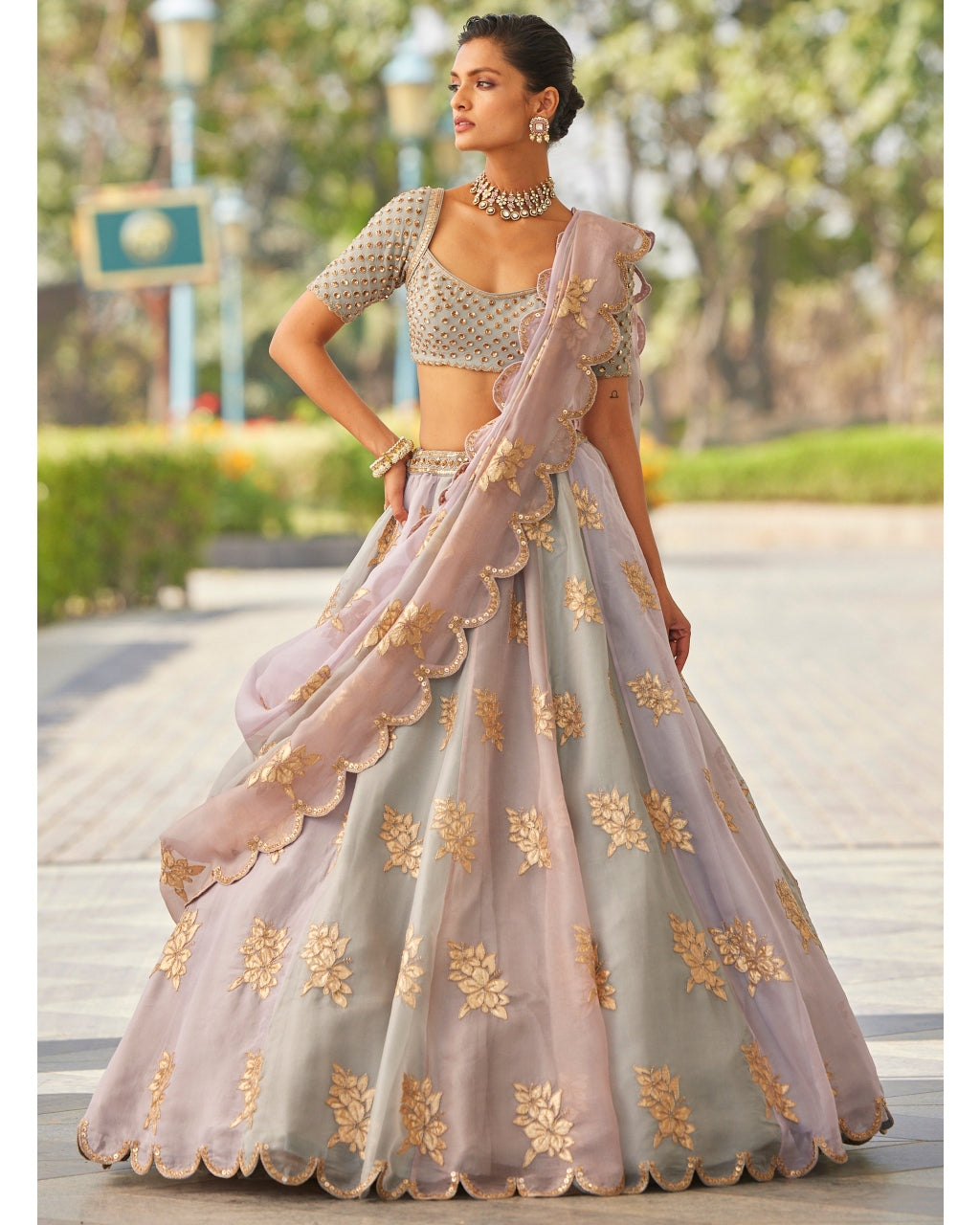 Powder Grey Flower Lehenga Set