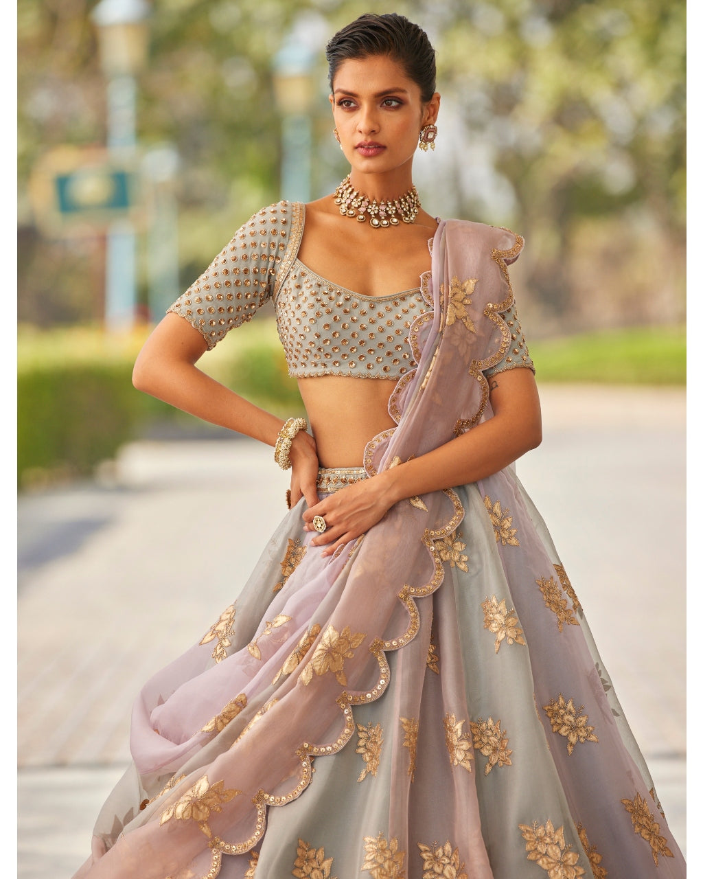 Powder Grey Flower Lehenga Set