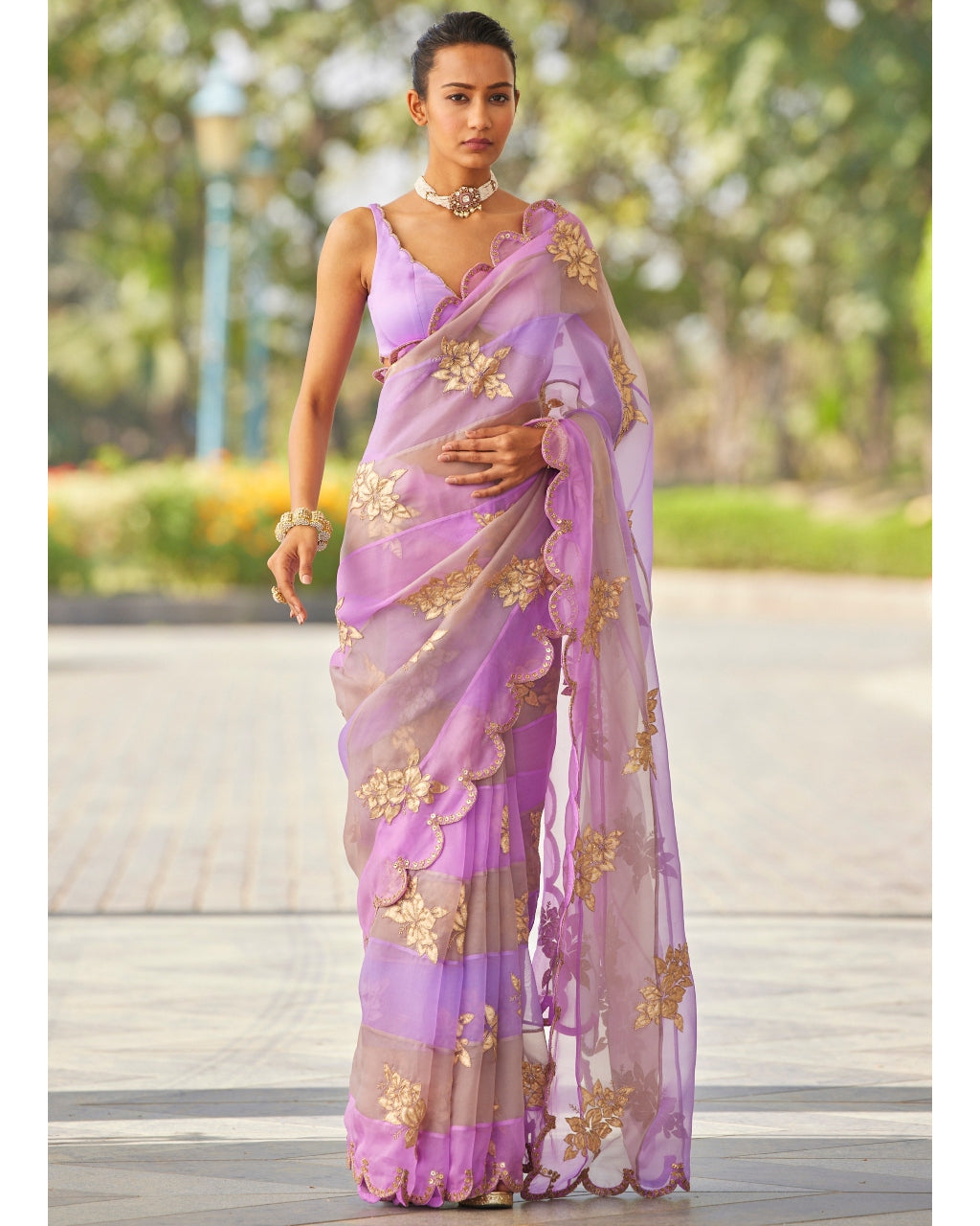 Mauve Multicolor Flower Sari Set