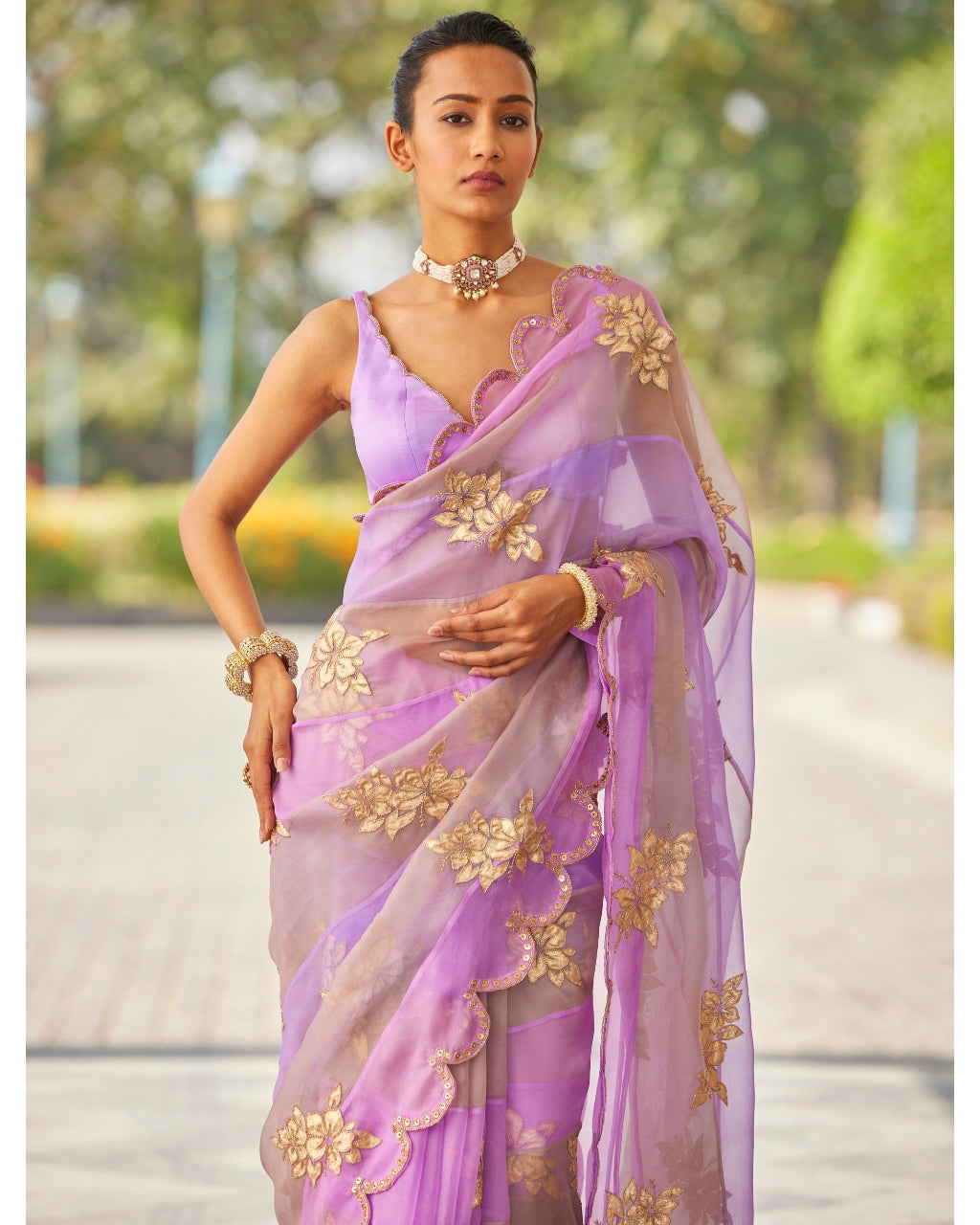 Mauve Multicolor Flower Sari Set