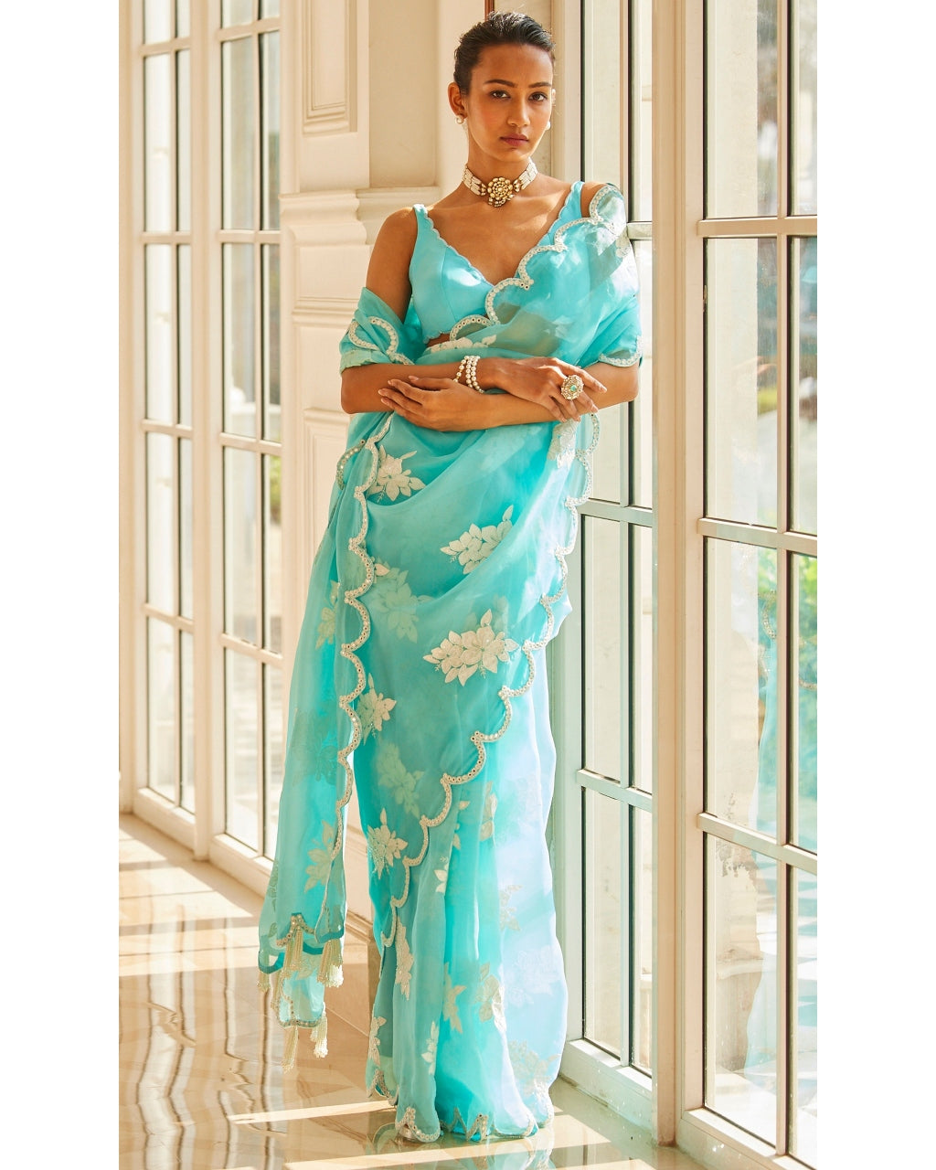 Blue Flower Sari Set