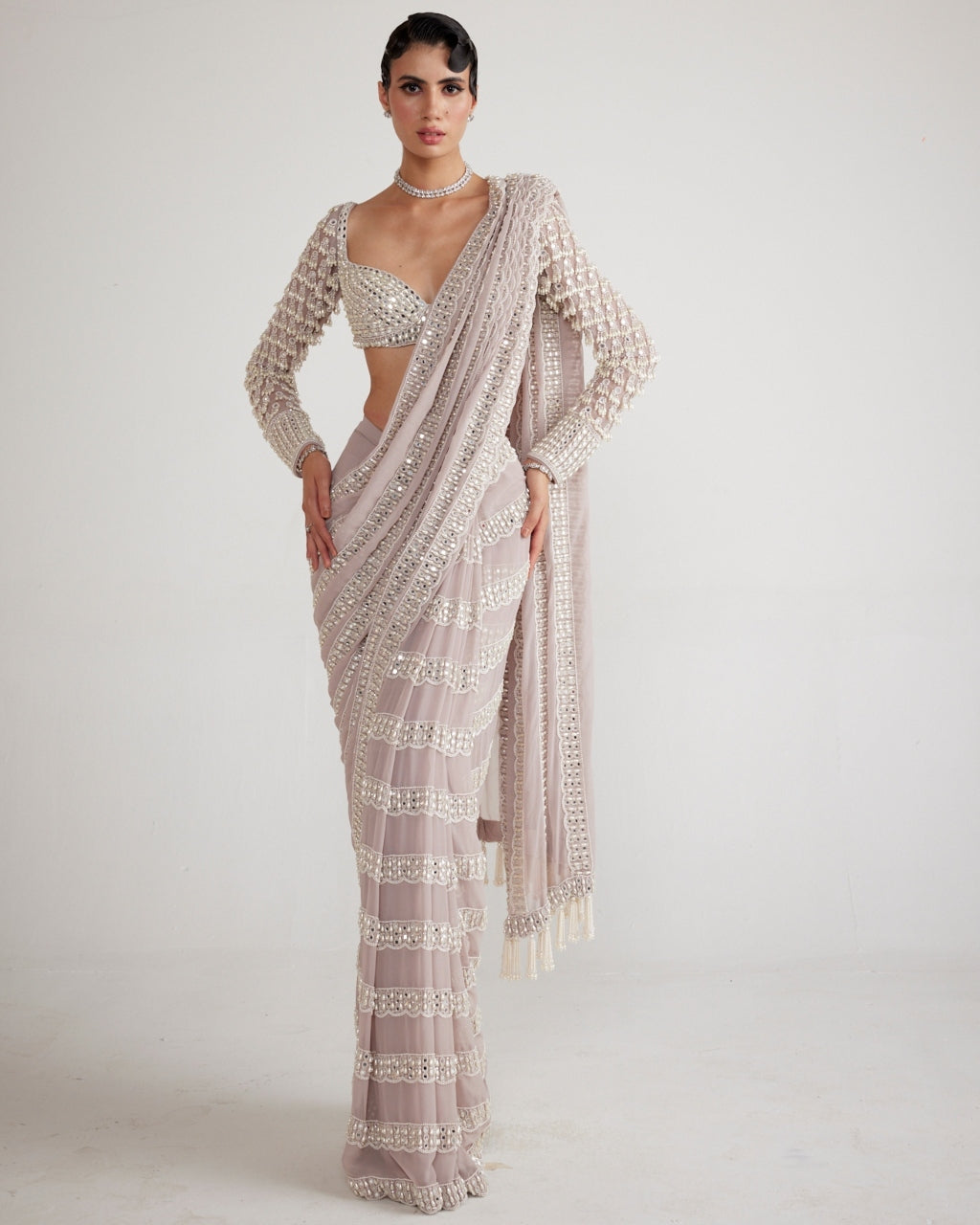 Ash Pink Chandelier Pearl Drop Sari Set