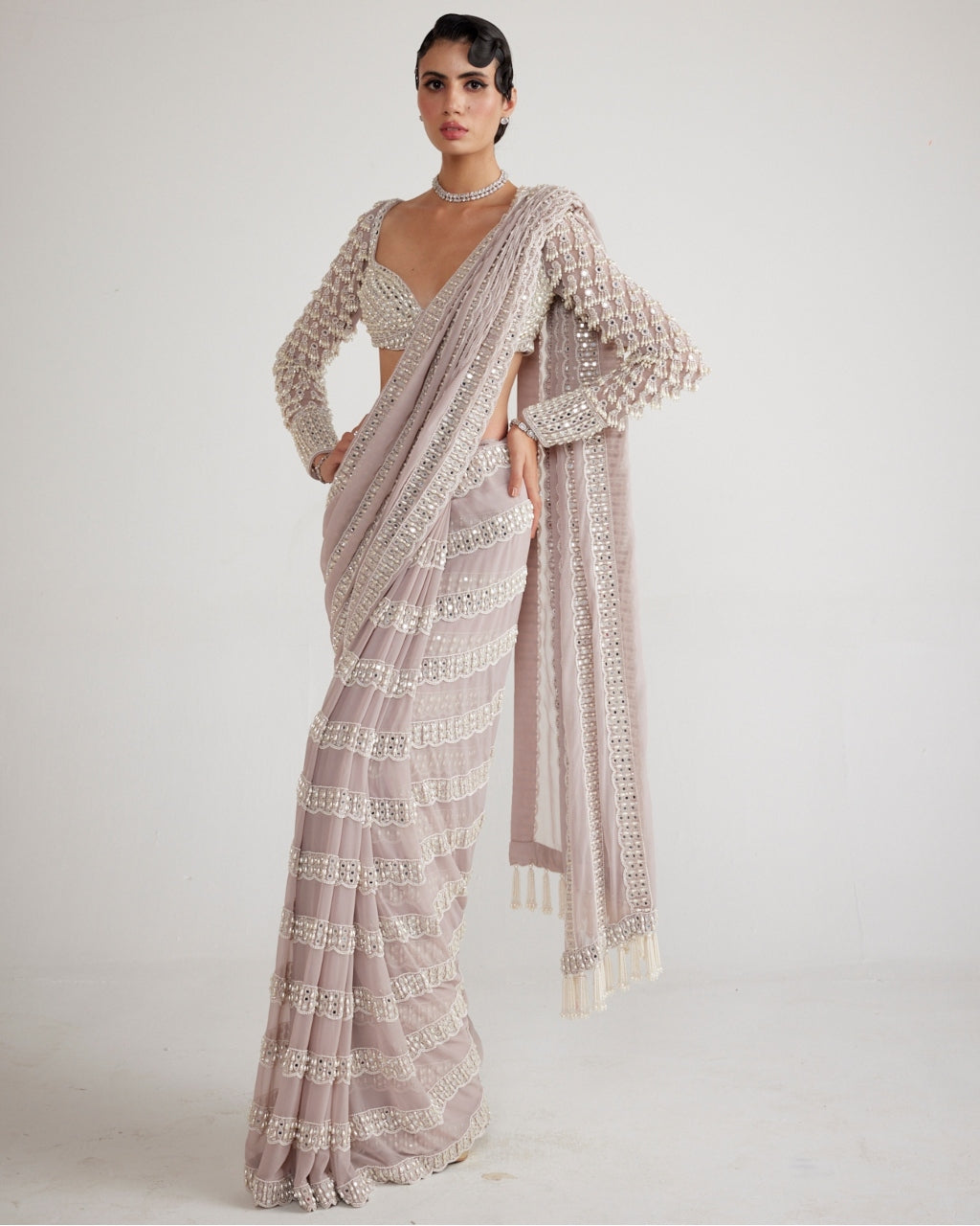 Ash Pink Chandelier Pearl Drop Sari Set