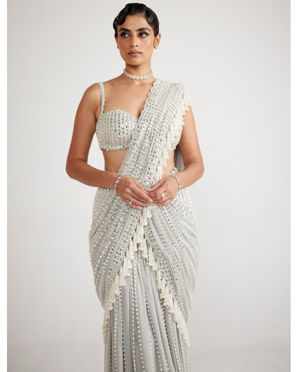 Powder Grey Chandelier Pearl Drop Sari Set