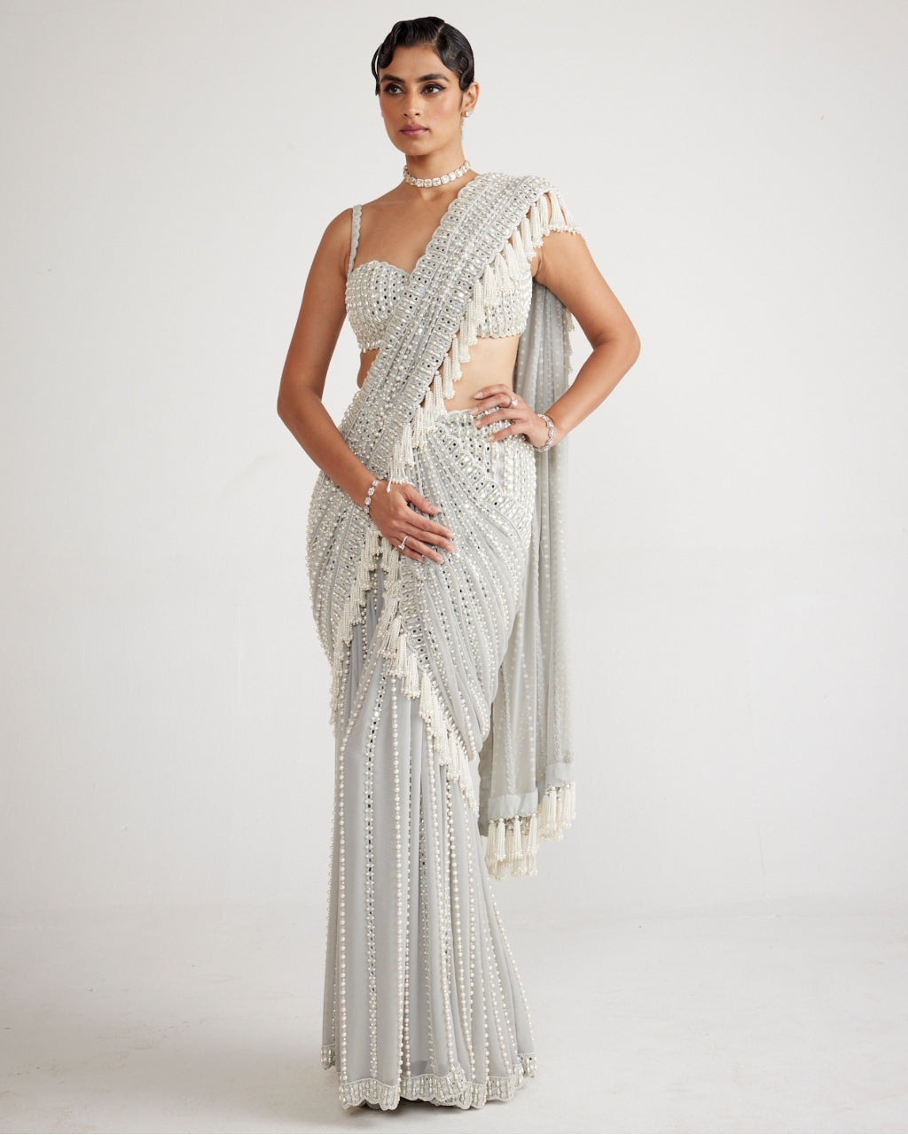 Powder Grey Chandelier Pearl Drop Sari Set