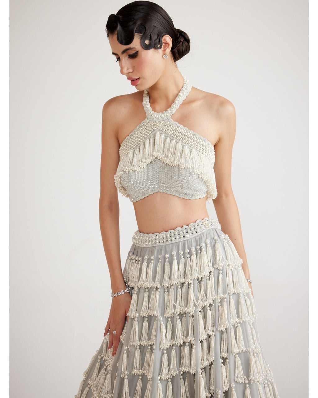 Powder Grey Chandelier Pearl Drop Crop Top Skirt Set