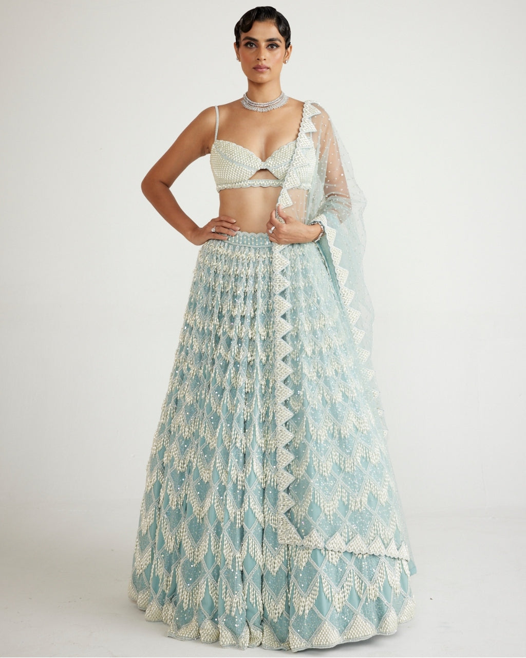 Powder Blue Chandelier Pearl Drop Lehenga Set