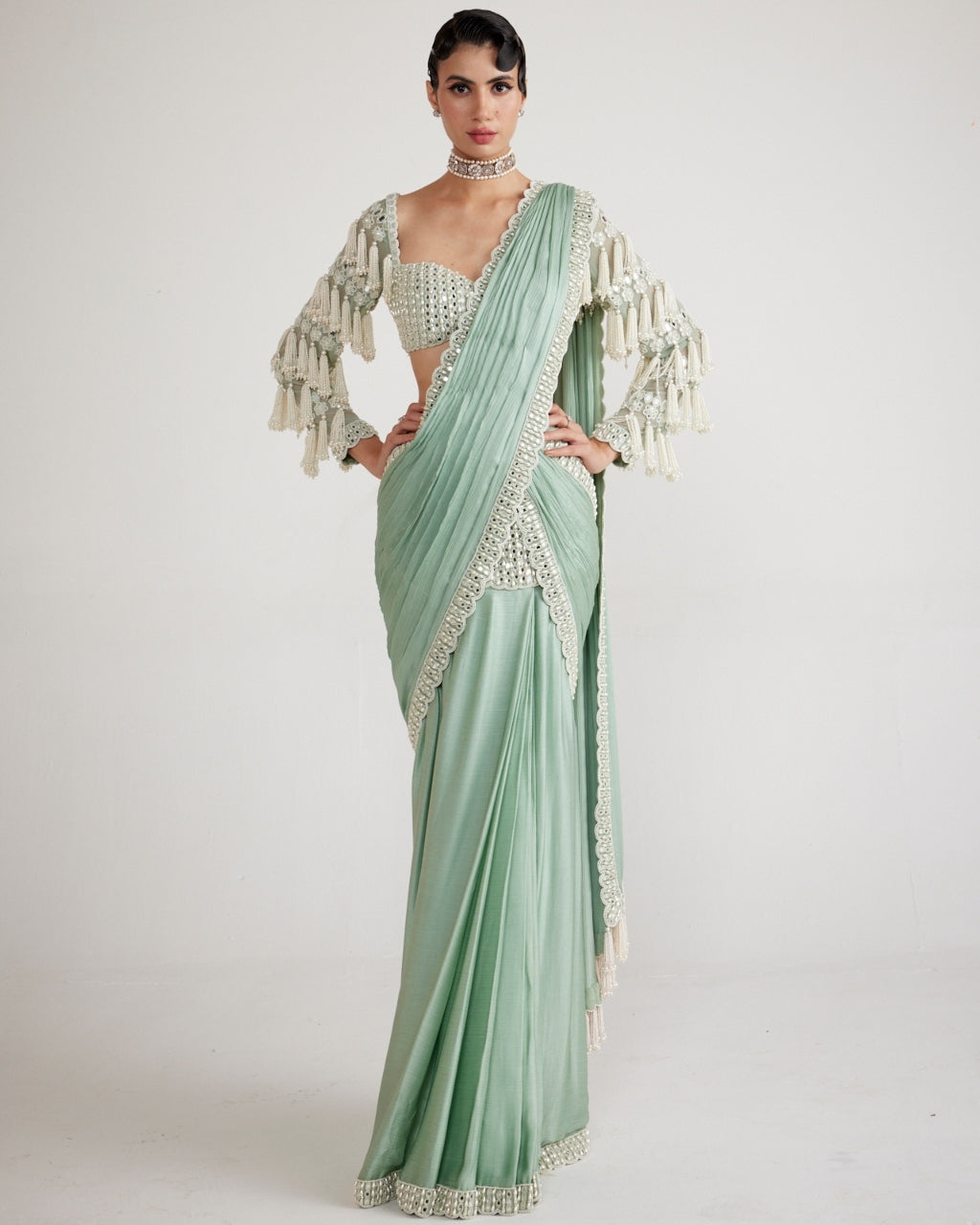 Powder Mint Chandelier Drop Sari Set