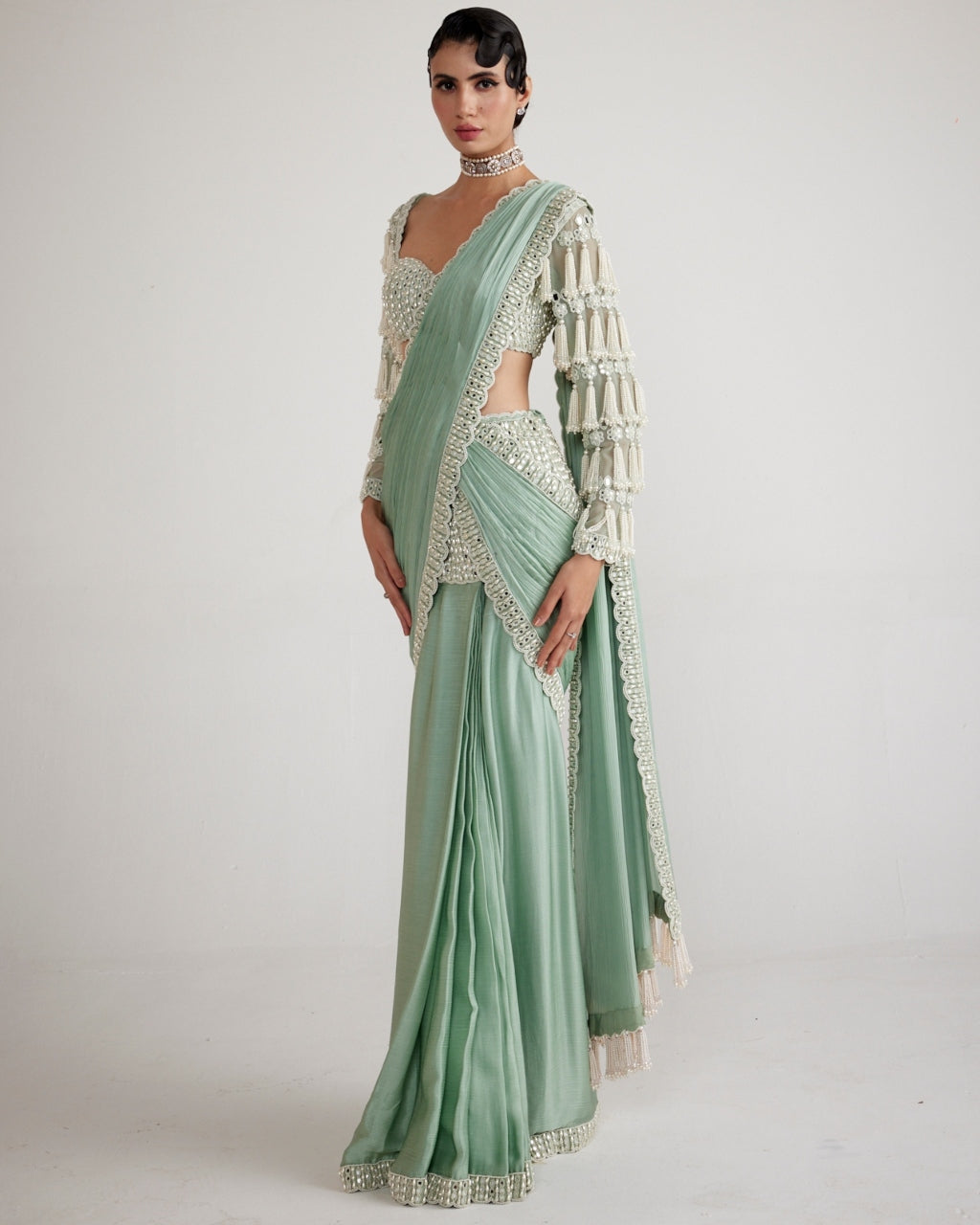 Powder Mint Chandelier Drop Sari Set