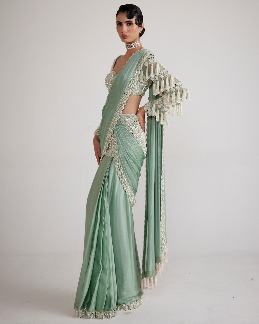 Powder Mint Chandelier Drop Sari Set