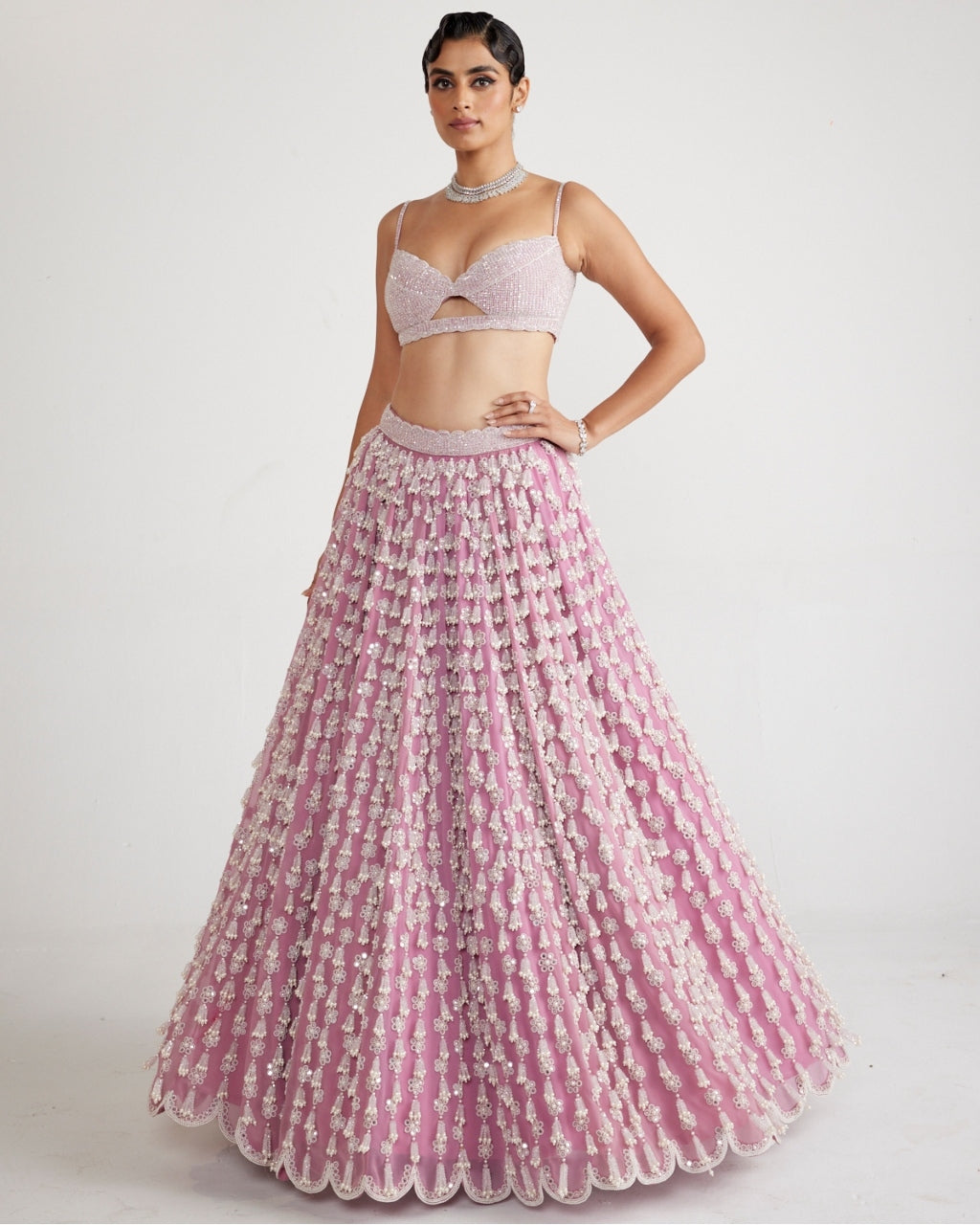 Onion Pink Chandelier Pearl Drop Lehenga Set