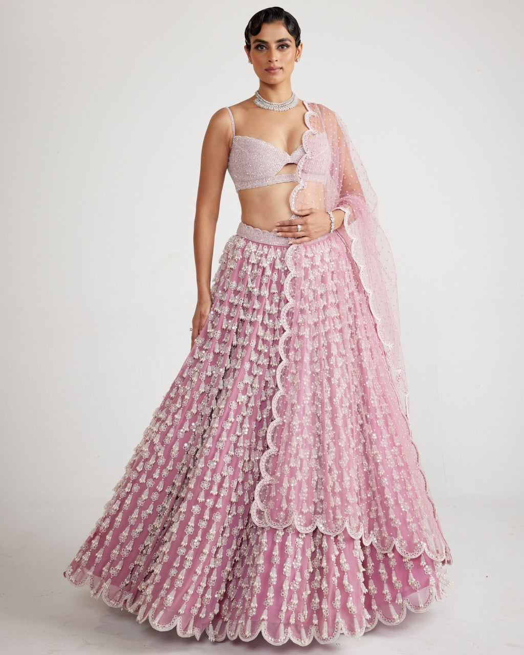 Onion Pink Chandelier Pearl Drop Lehenga Set