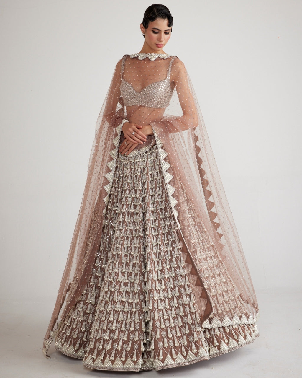 Deep Beige Chandelier Pearl Drop Lehenga Set