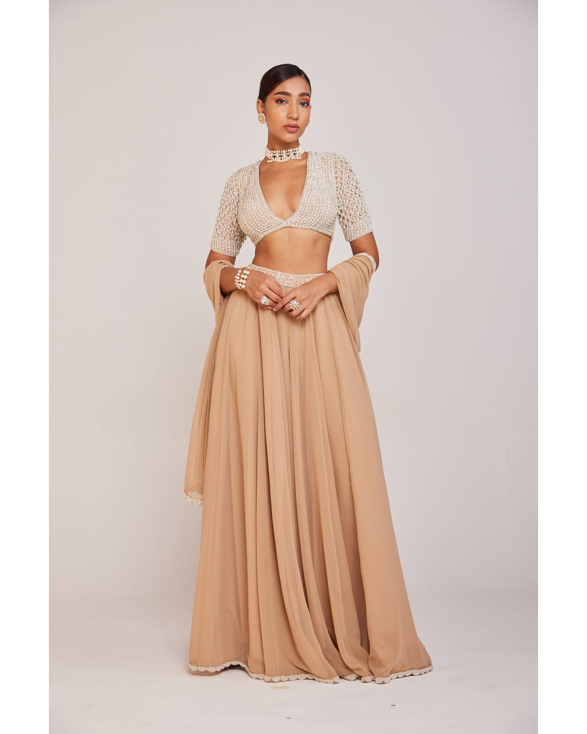 Pearl Embellished Blouse With Lehenga Pant Set by VVani by Vani Vats